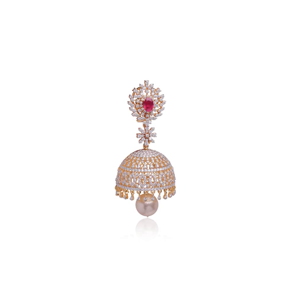 Dazzling Ruby Pearl Diamond Jhumkas