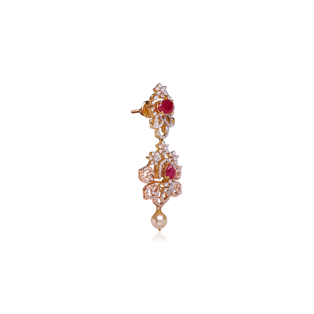 Floral Ruby studded Pearl Drop Diamond Hangings