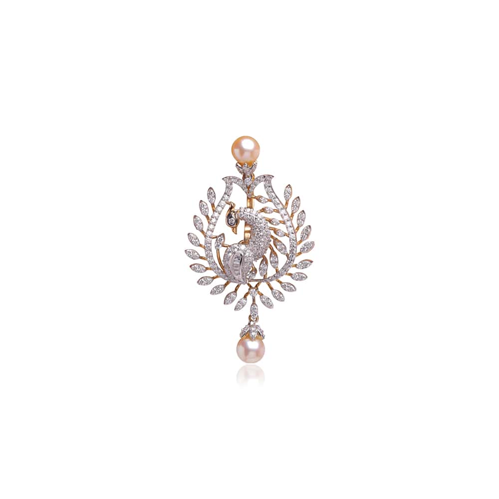 Peacock Inspired Pearl Studded Diamond Pendant