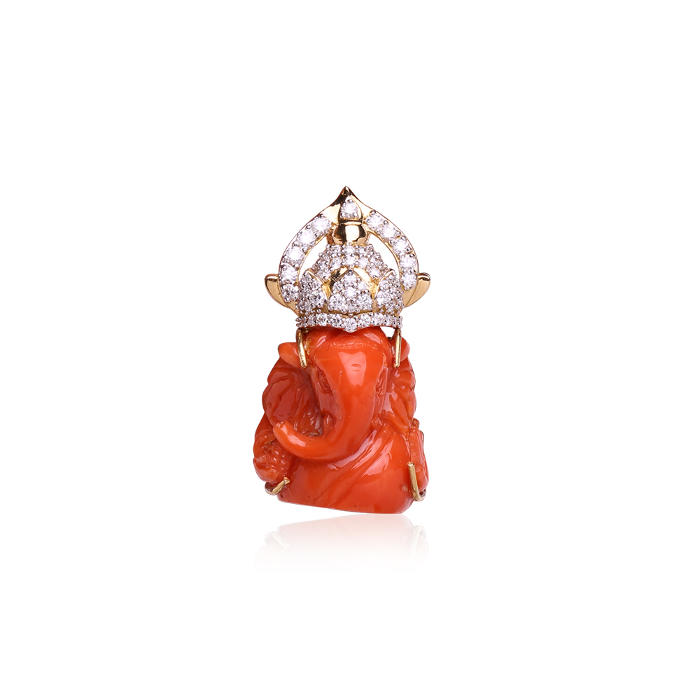 Coral Stone Diamond Studded Ganeshas Pendant