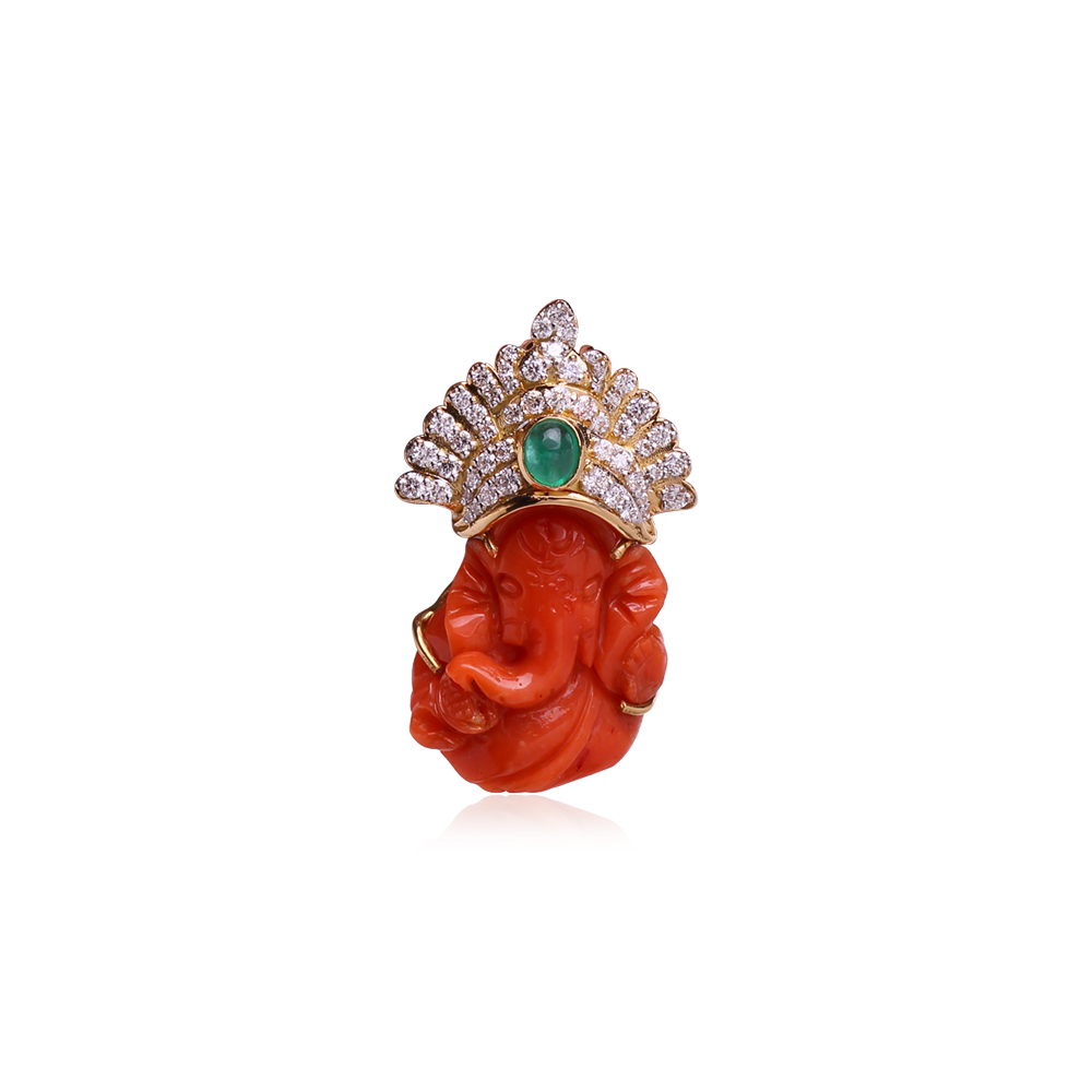 Coral Stone Ganesha Pendant with Emerald studded Mukut