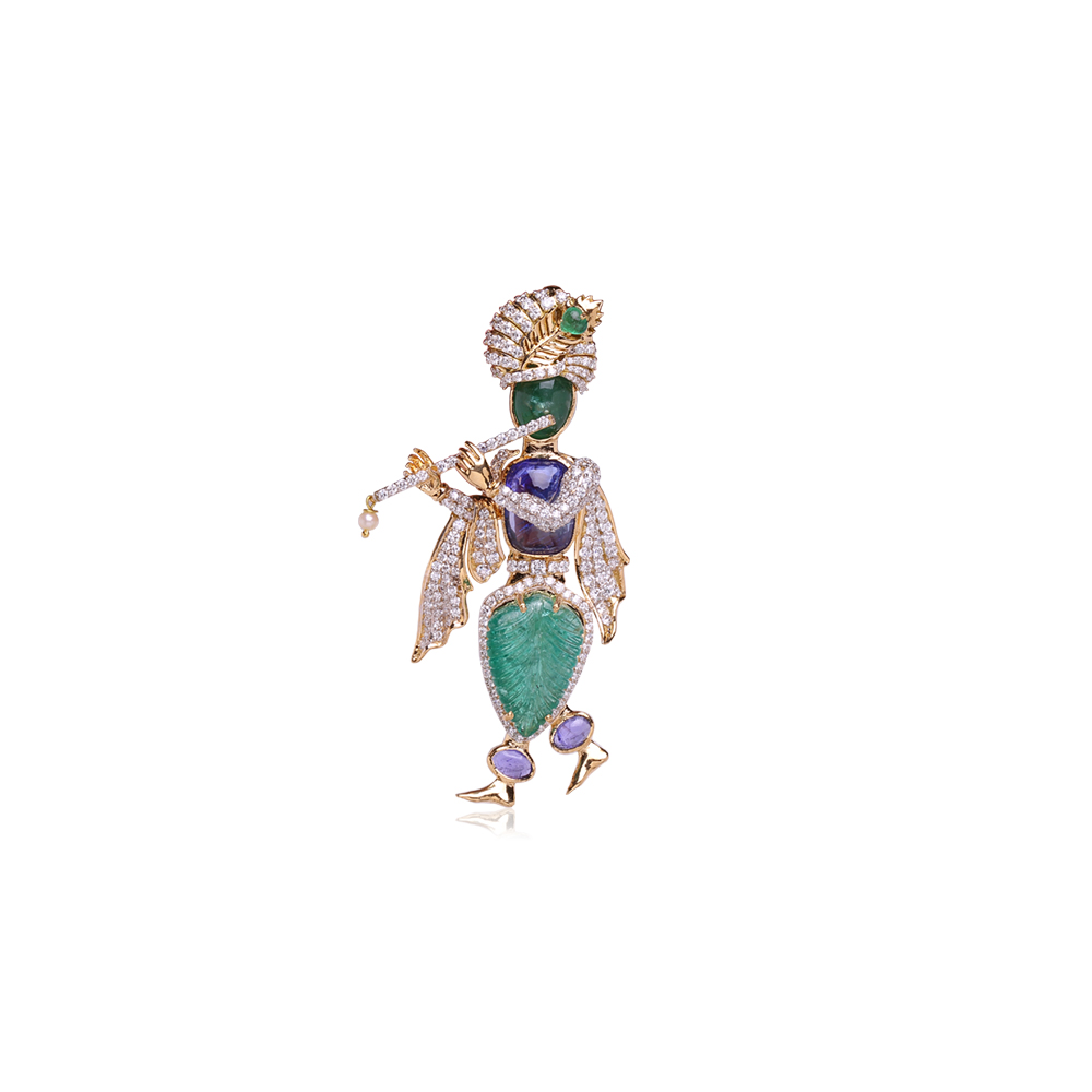 Emerald And Tanzanite Stone Diamond Studded Krishna Pendant