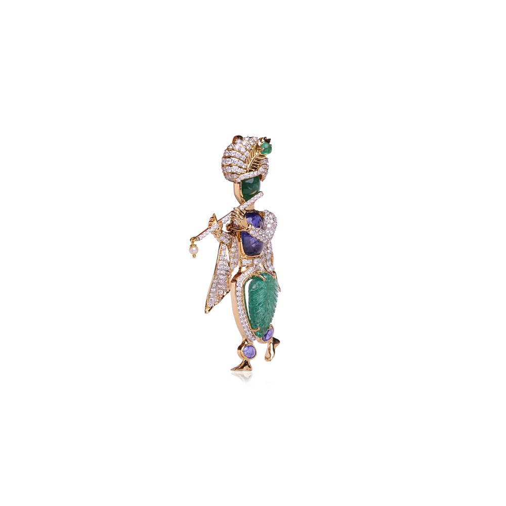 Emerald And Tanzanite Stone Diamond Studded Krishna Pendant