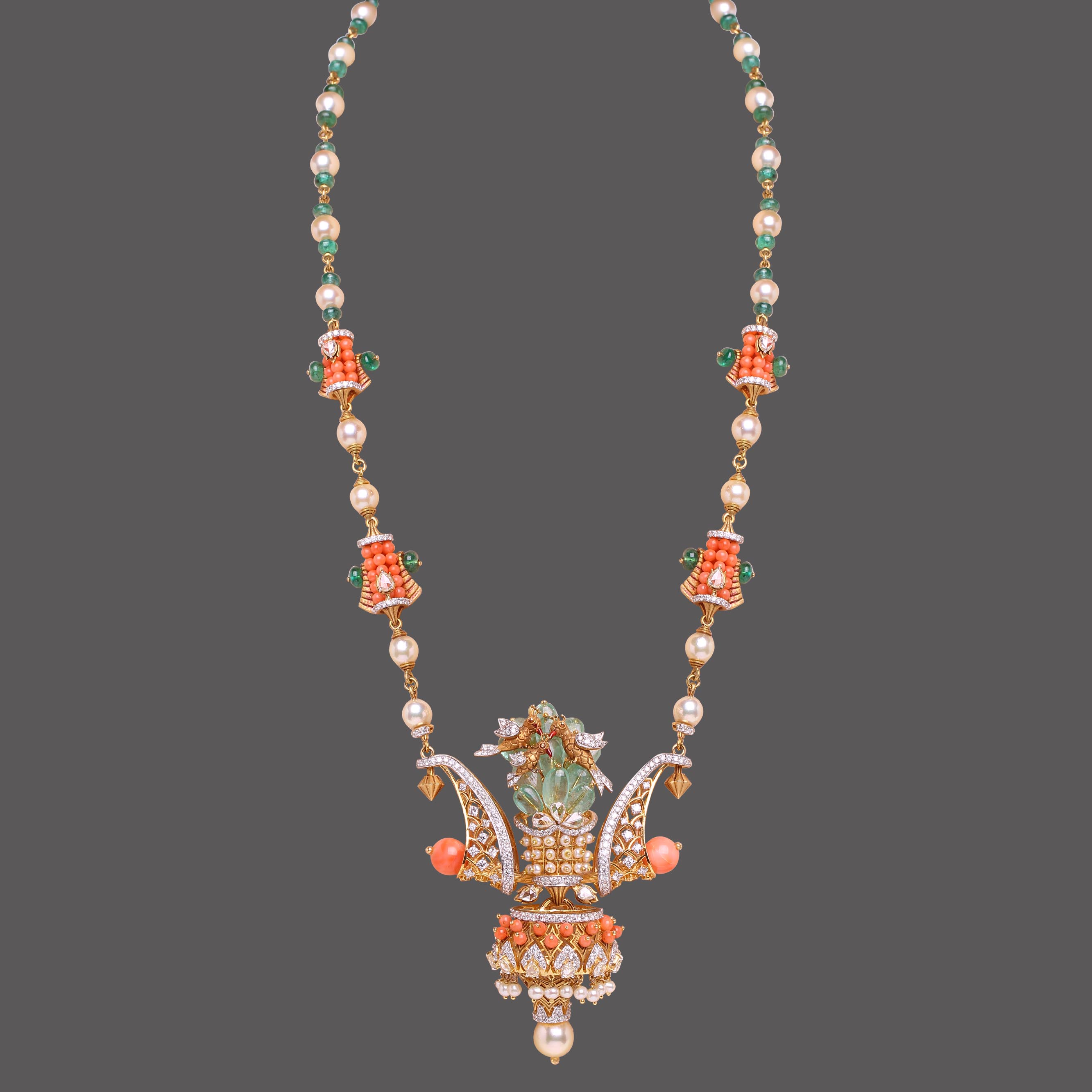 Coral and Emerald Bird Necklace