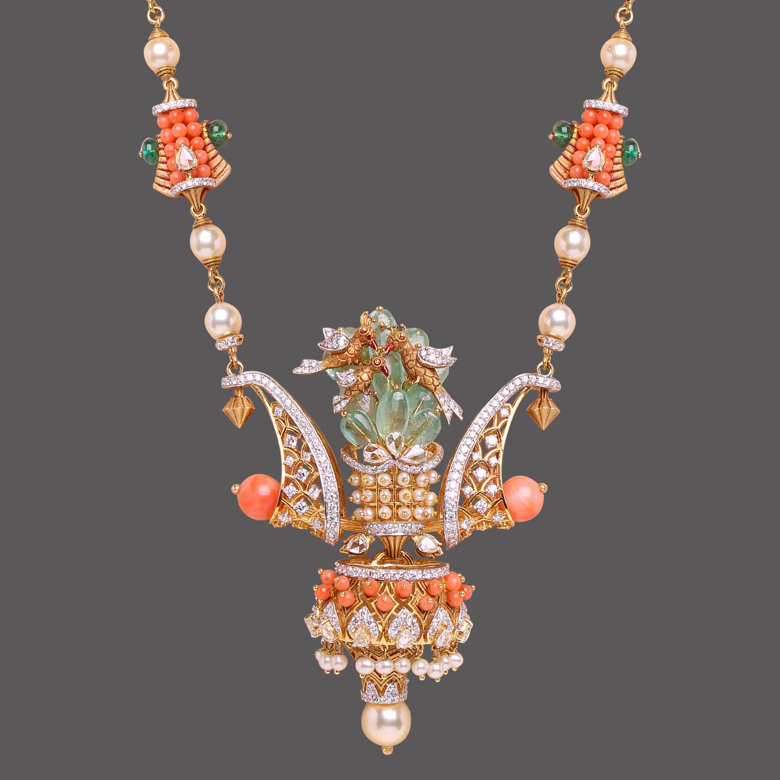 Coral and Emerald Bird Necklace