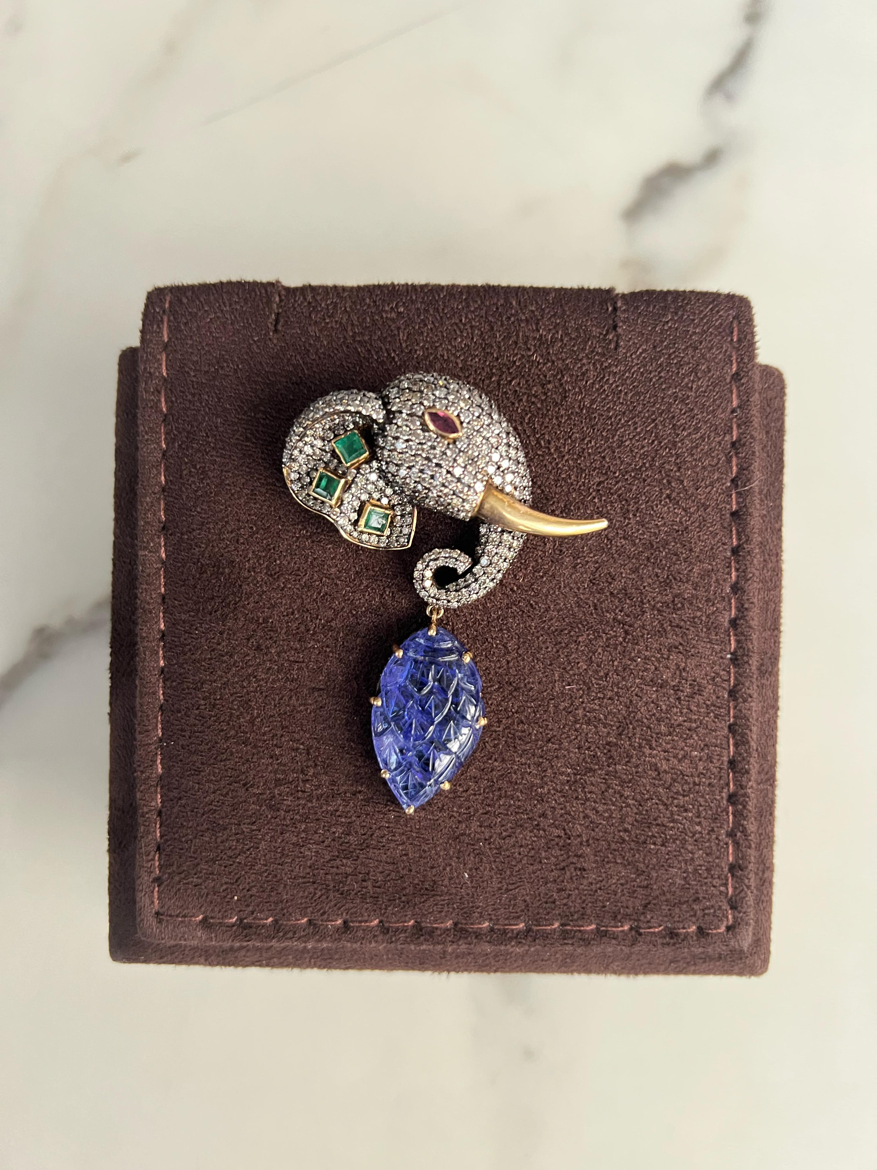 Carved Tanzanite elephant pendant/Brooch
