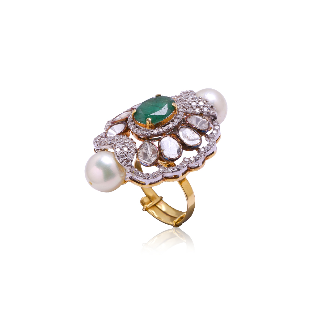 Emerald Studded Polki Ring