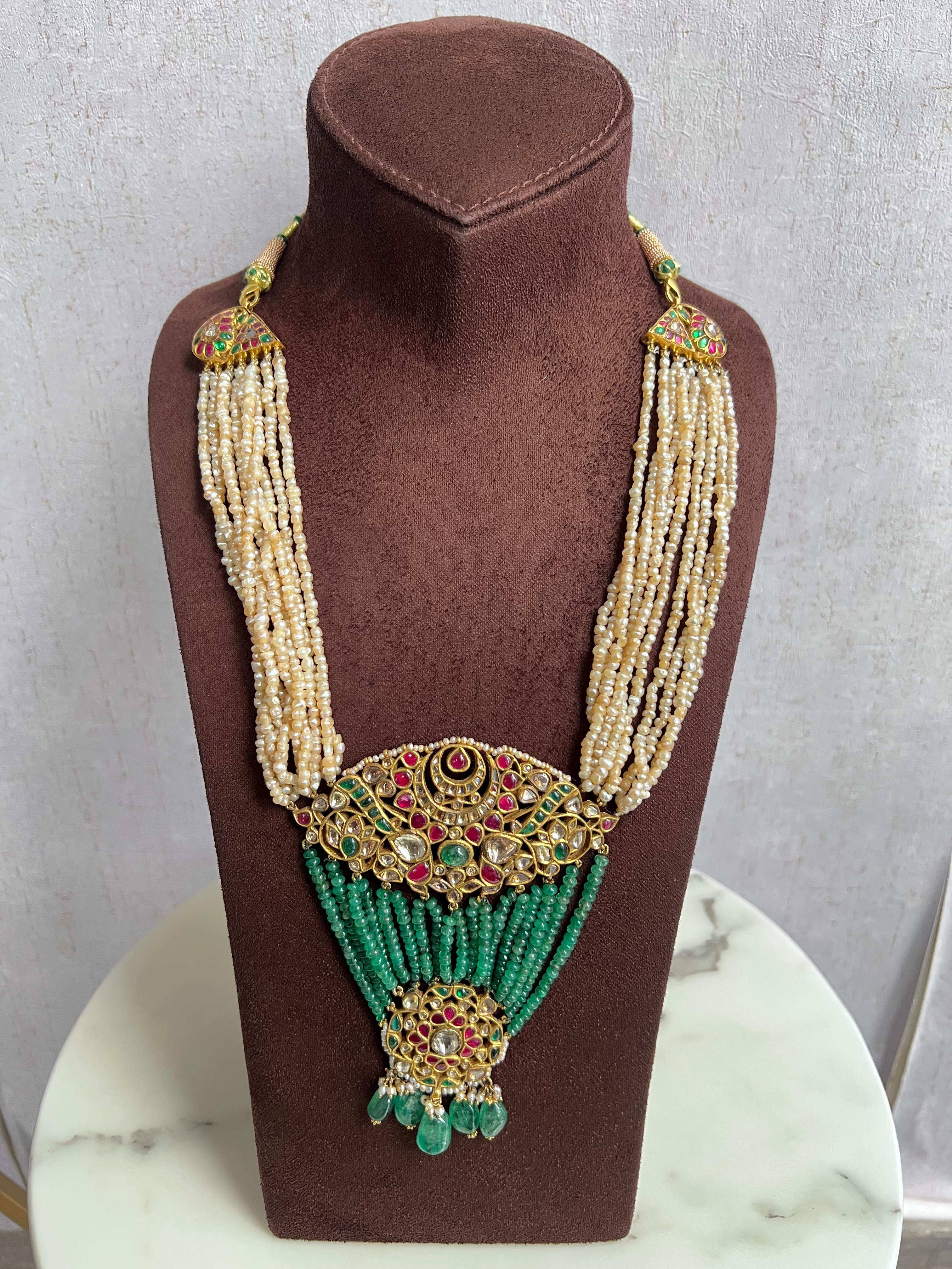 Basara Pearls Necklace with Kundan Pendant and Emerald Beads Basara Pearls Necklace with Kundan Pendant and Emerald Beads