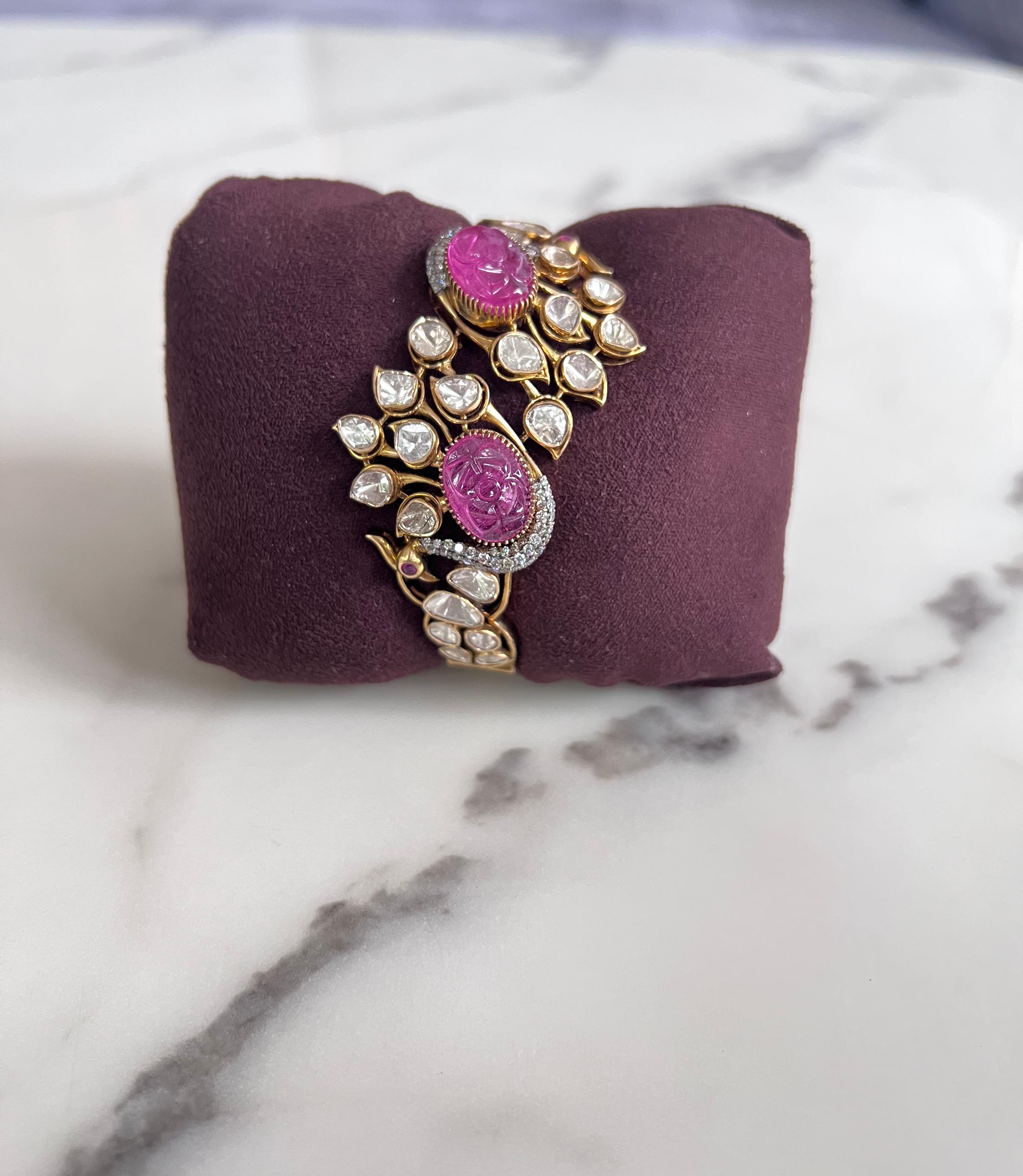 Peacock Motif Polki Kada with Carved Rubies Peacock Motif Polki Kada with Carved Rubies