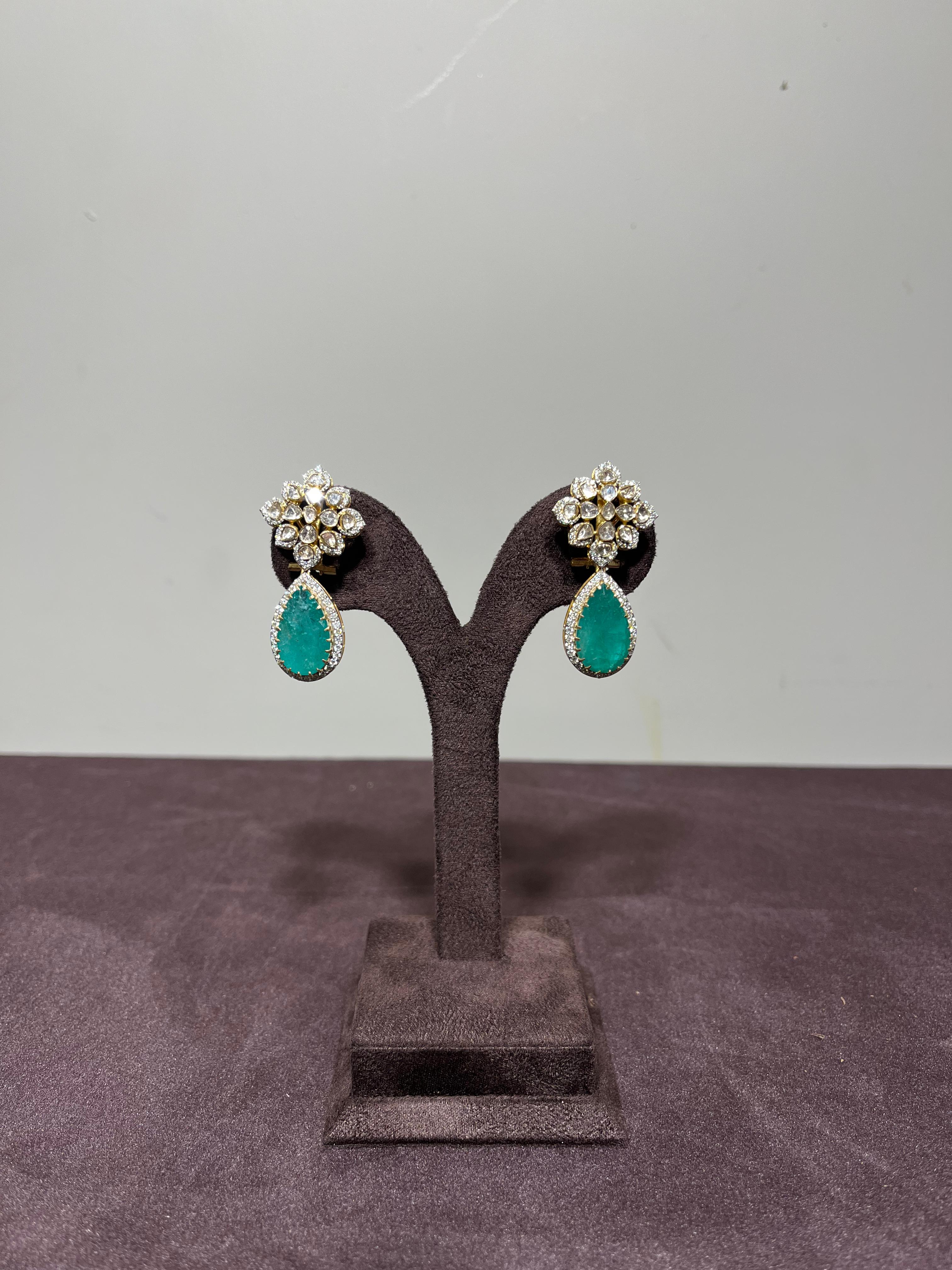 Elegant Polki Earrings with Zambian Emerald Elegant Polki Earrings with Zambian Emerald