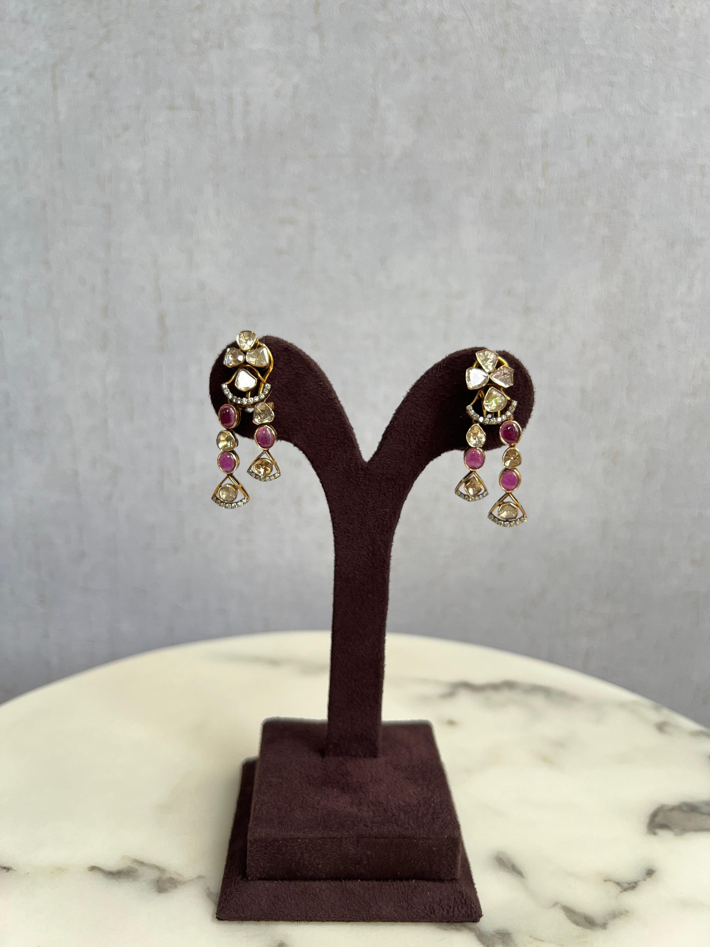 Gleaming Polki Earrings with Bangkok Ruby Gleaming Polki Earrings with Bangkok Ruby