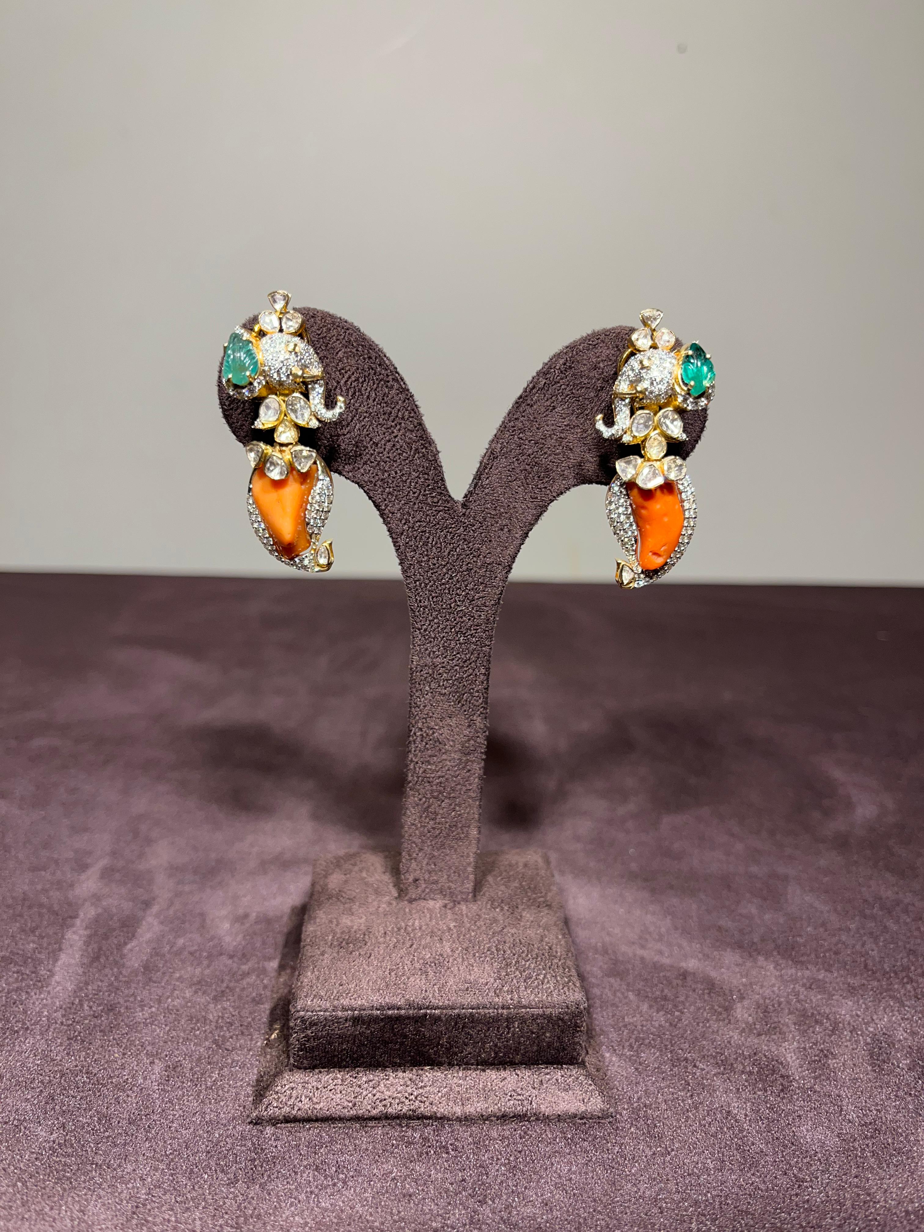 Unique Elephant Motif Earrings with Corals and Zambian Emerald Unique Elephant Motif Earrings with Corals and Zambian Emerald