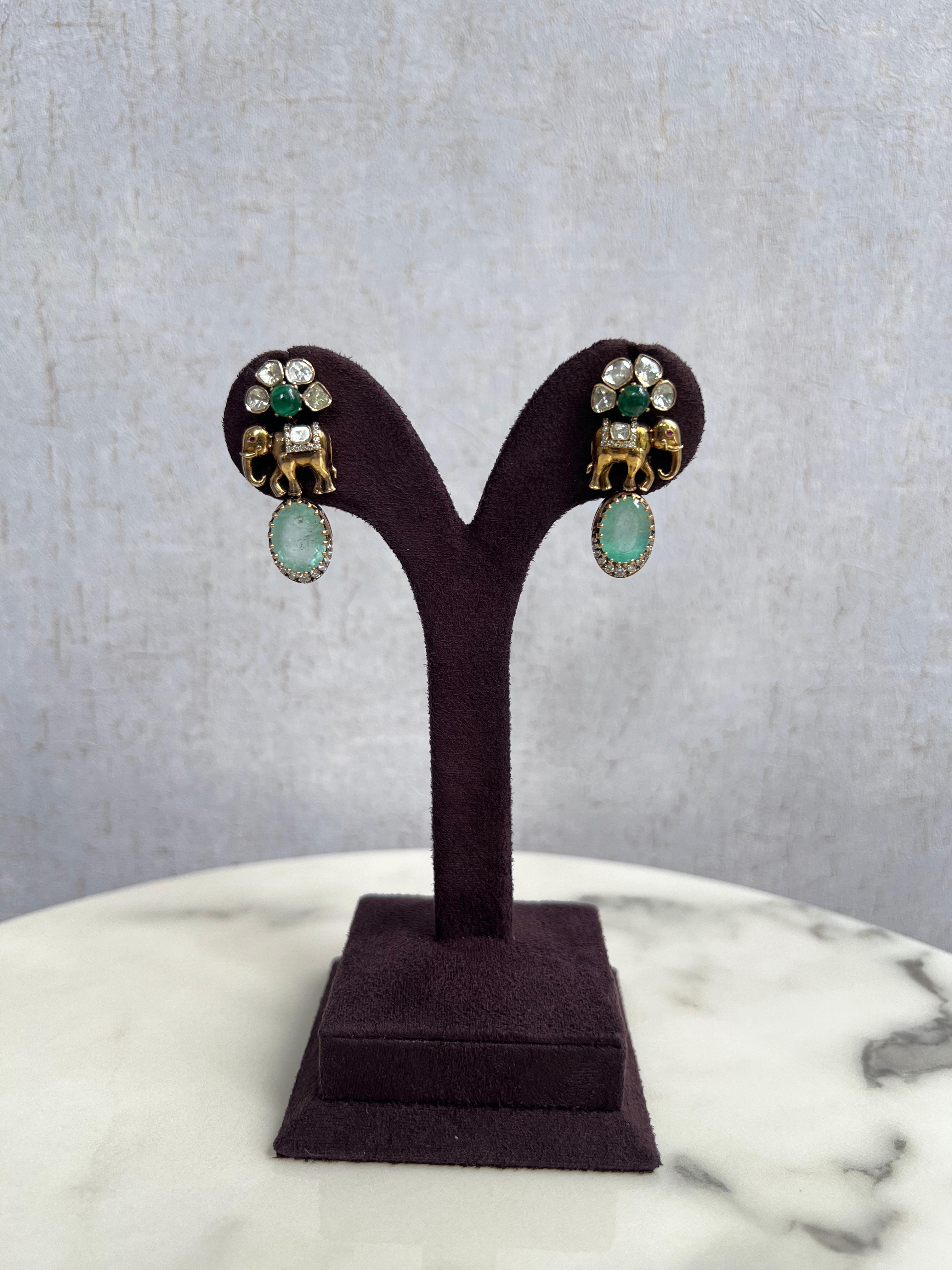 Elephant Motif Victorian Hangings with Russian Emerald