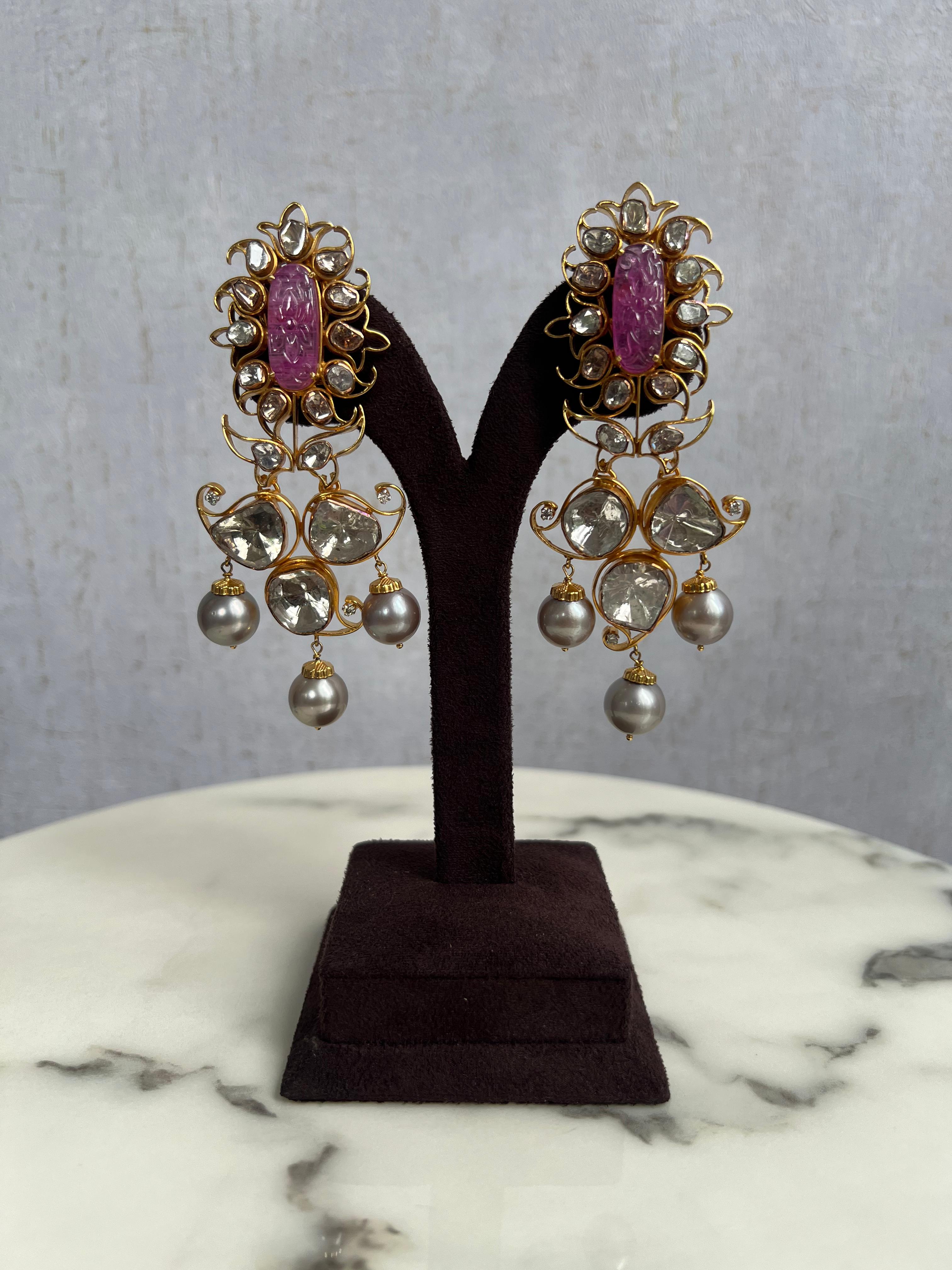 Carved Pink Sapphire Polki hangings Carved Pink Sapphire Polki hangings