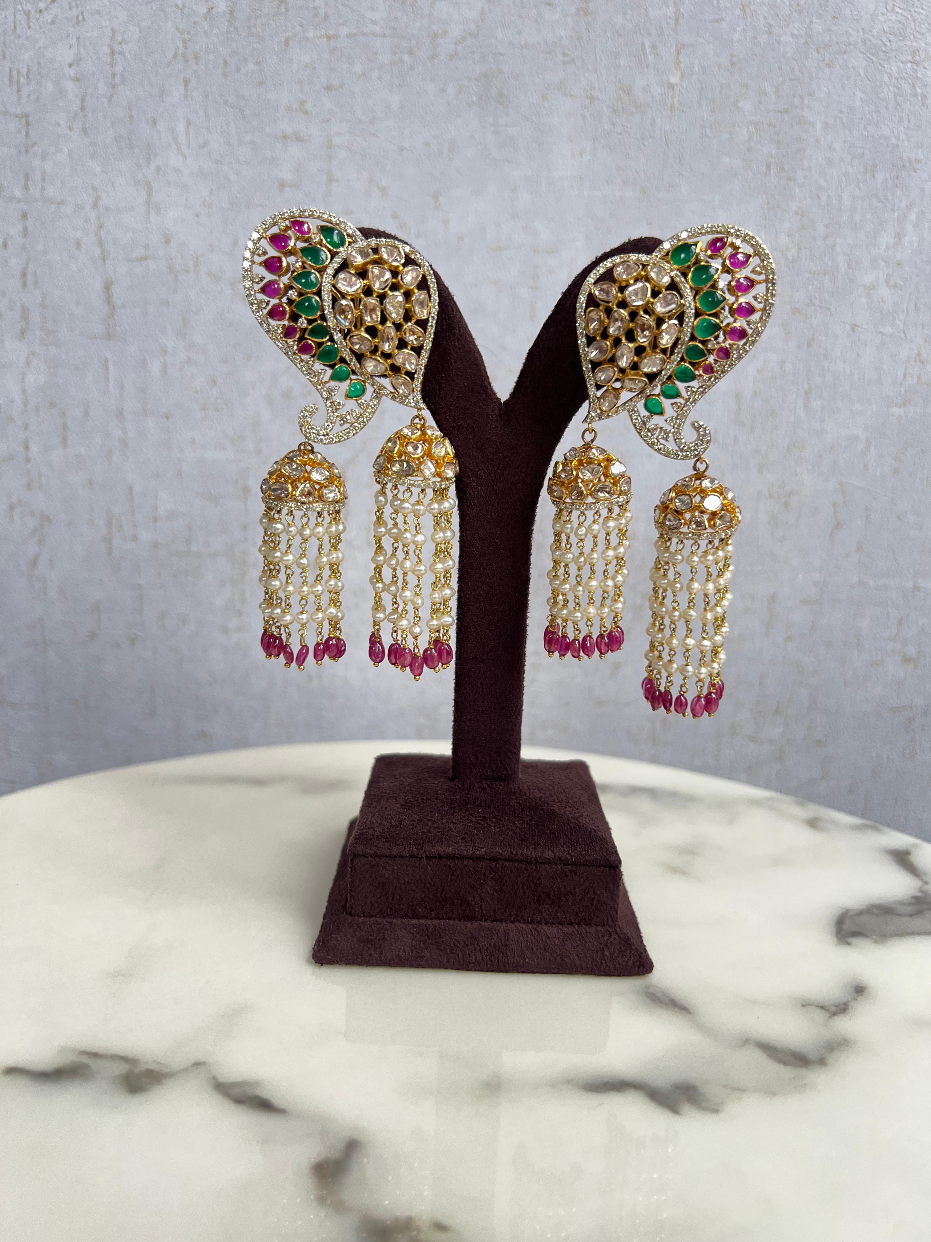 Fancy Polki Hangings with Pearl Strings Fancy Polki Hangings with Pearl Strings