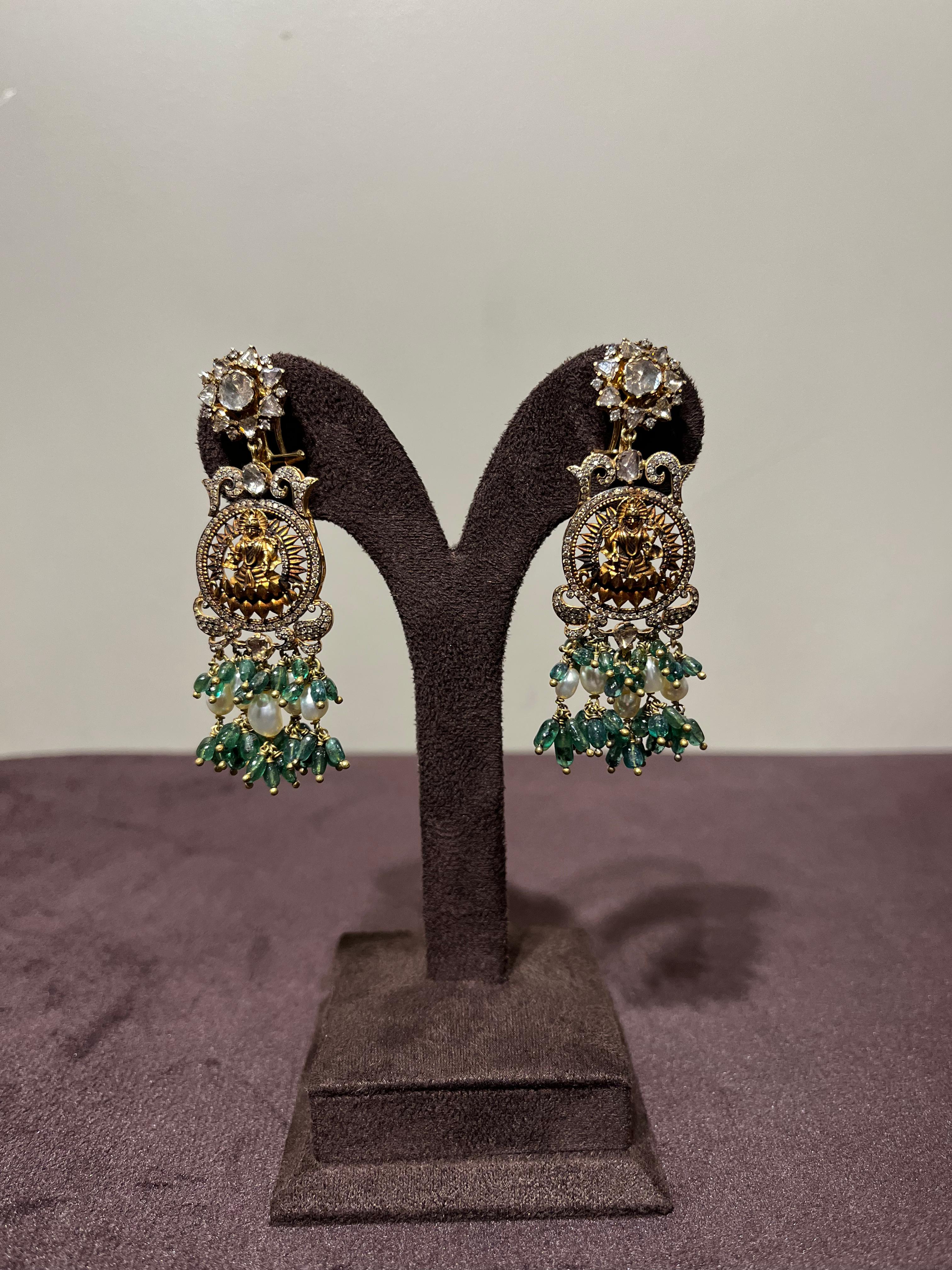 Traditional Laxmi Victorian Earrings with Pearls and Emerald Beads Traditional Laxmi Victorian Earrings with Pearls and Emerald Beads