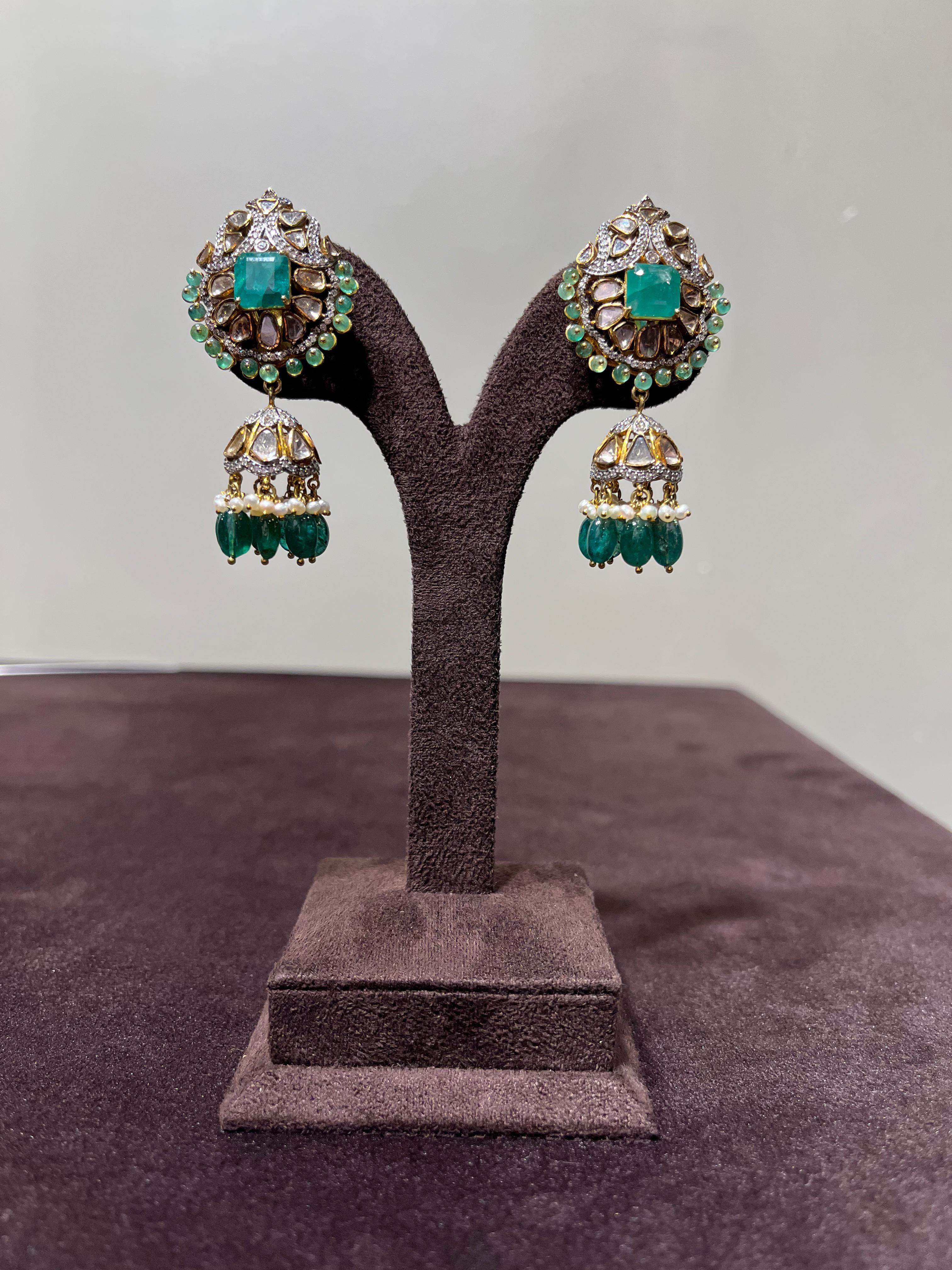 Polki with Pearl and Emerald Earrings Polki with Pearl and Emerald Earrings