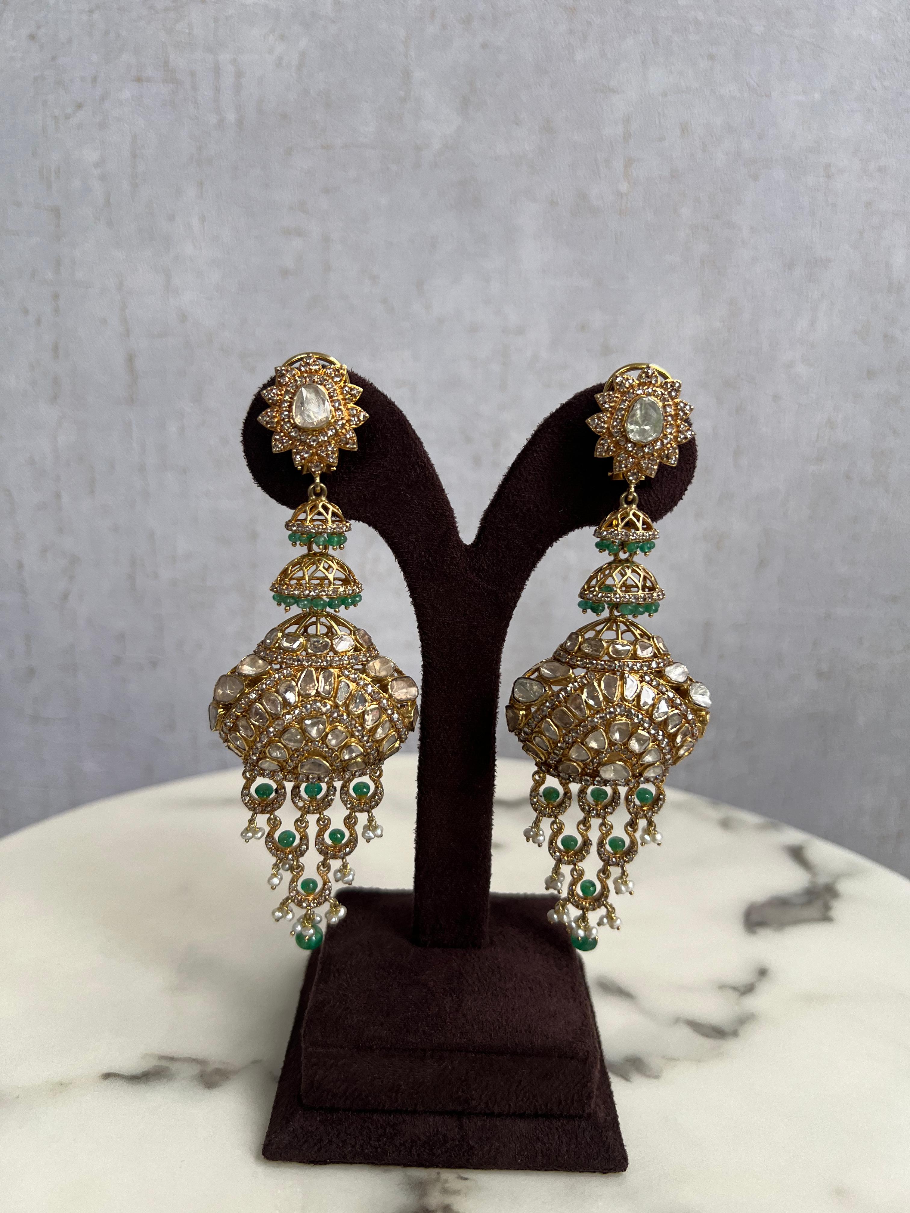 Fancy Polki Hangings with Diamonds and Emerald Beads Fancy Polki Hangings with Diamonds and Emerald Beads