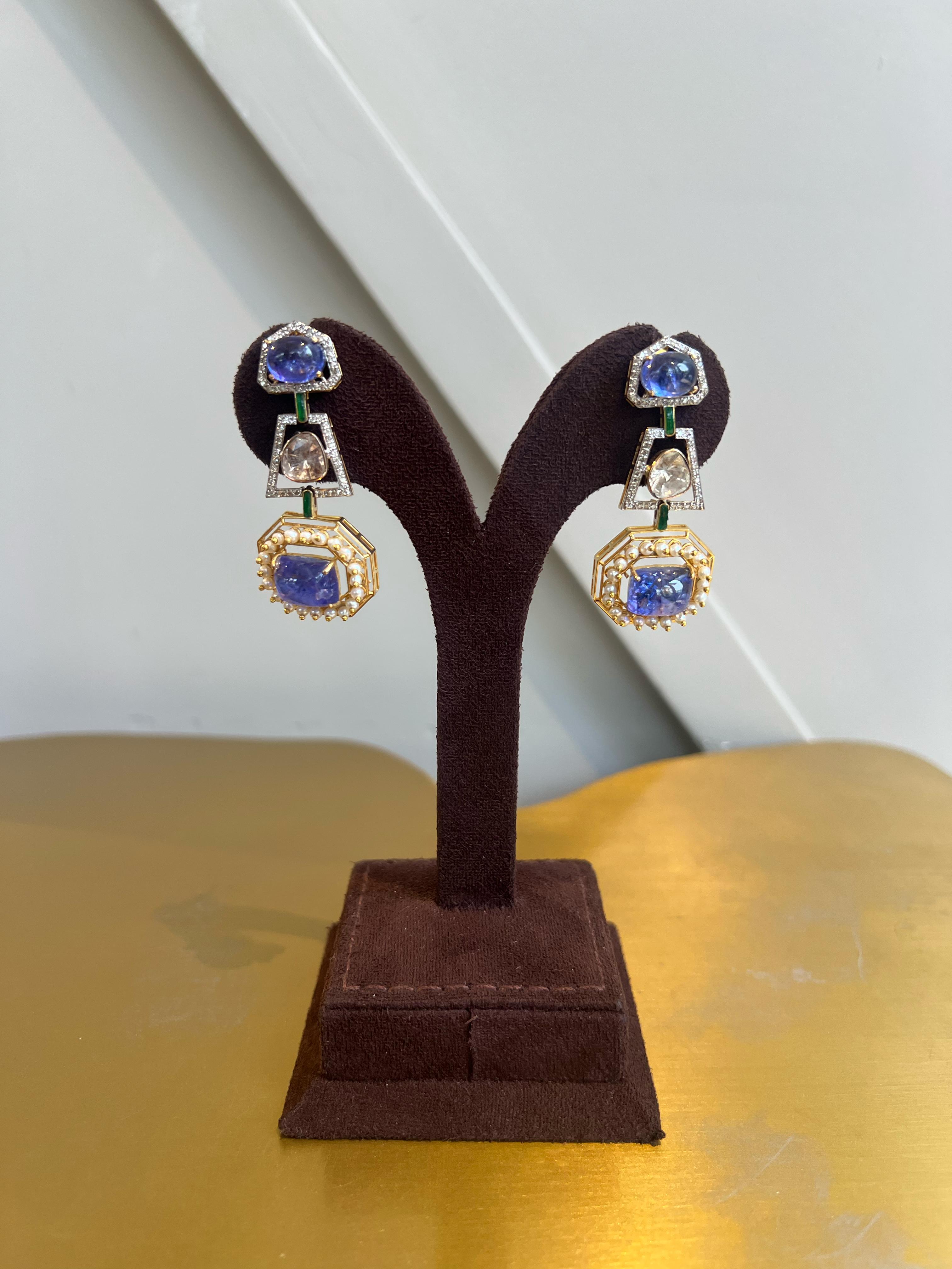 Elegant Polki earrings with Tanzanite and Emerald Elegant Polki earrings with Tanzanite and Emerald