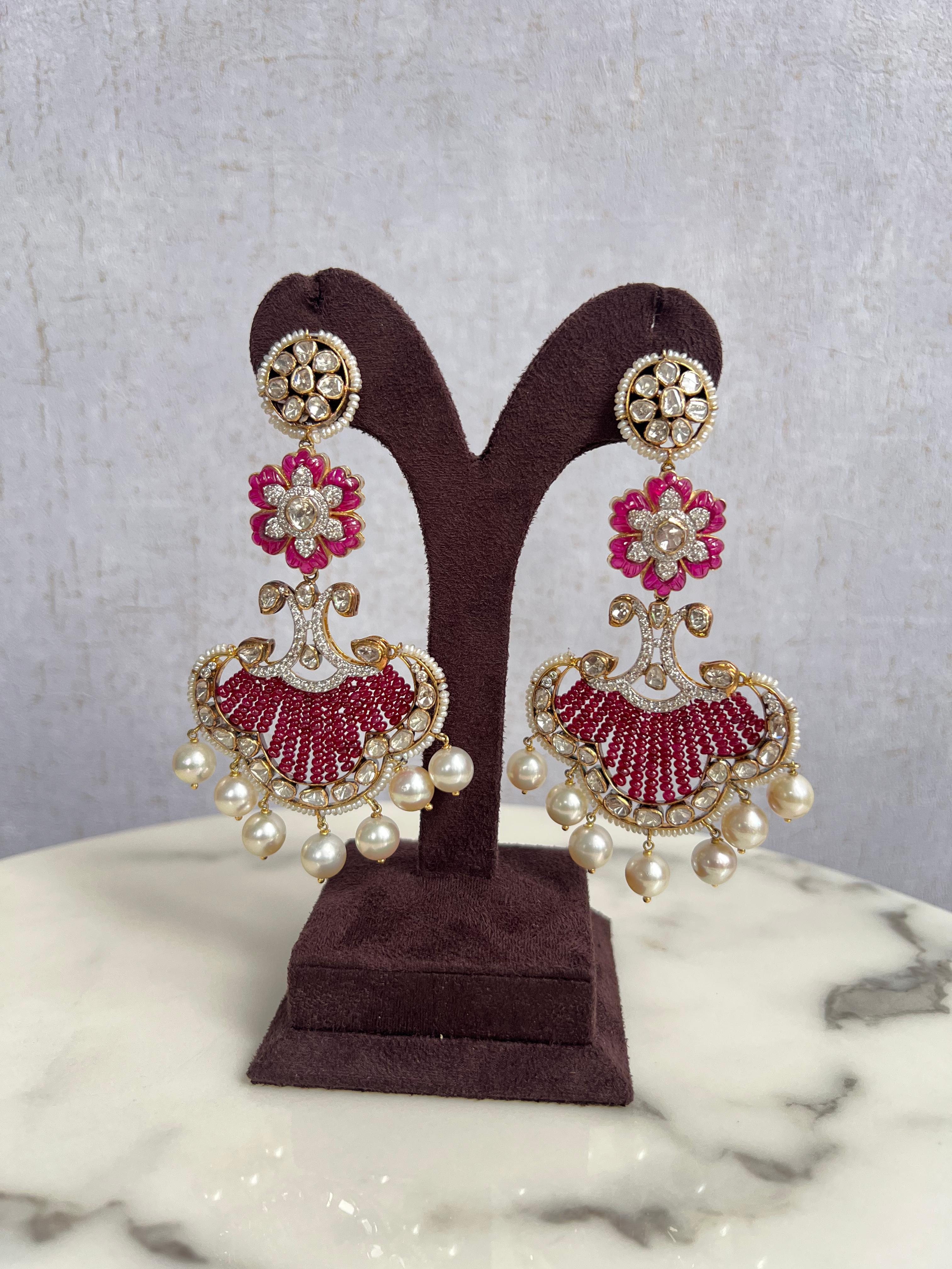 Statement Polki Hangings with Ruby Beads Statement Polki Hangings with Ruby Beads