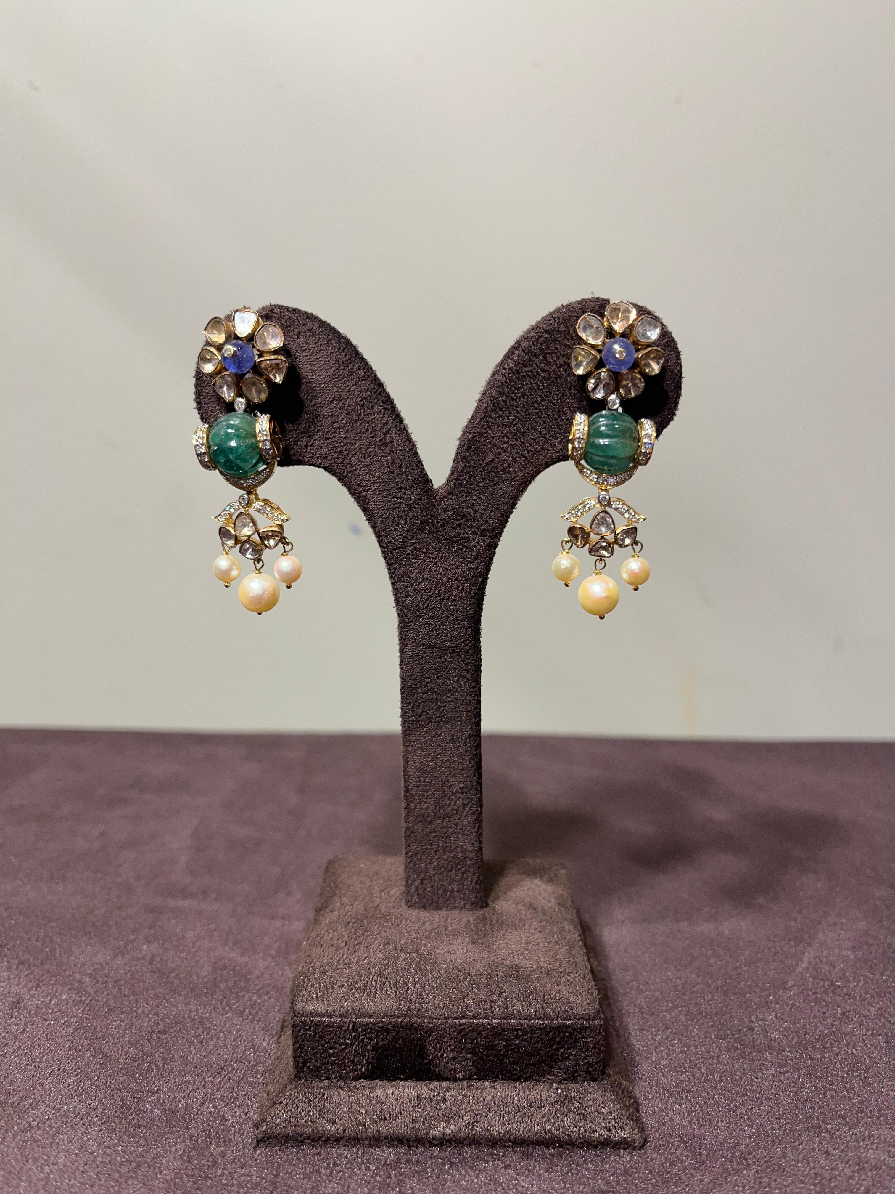 Exquisite Polki Earrings with Zambian Emerald and Tanzanite Exquisite Polki Earrings with Zambian Emerald and Tanzanite