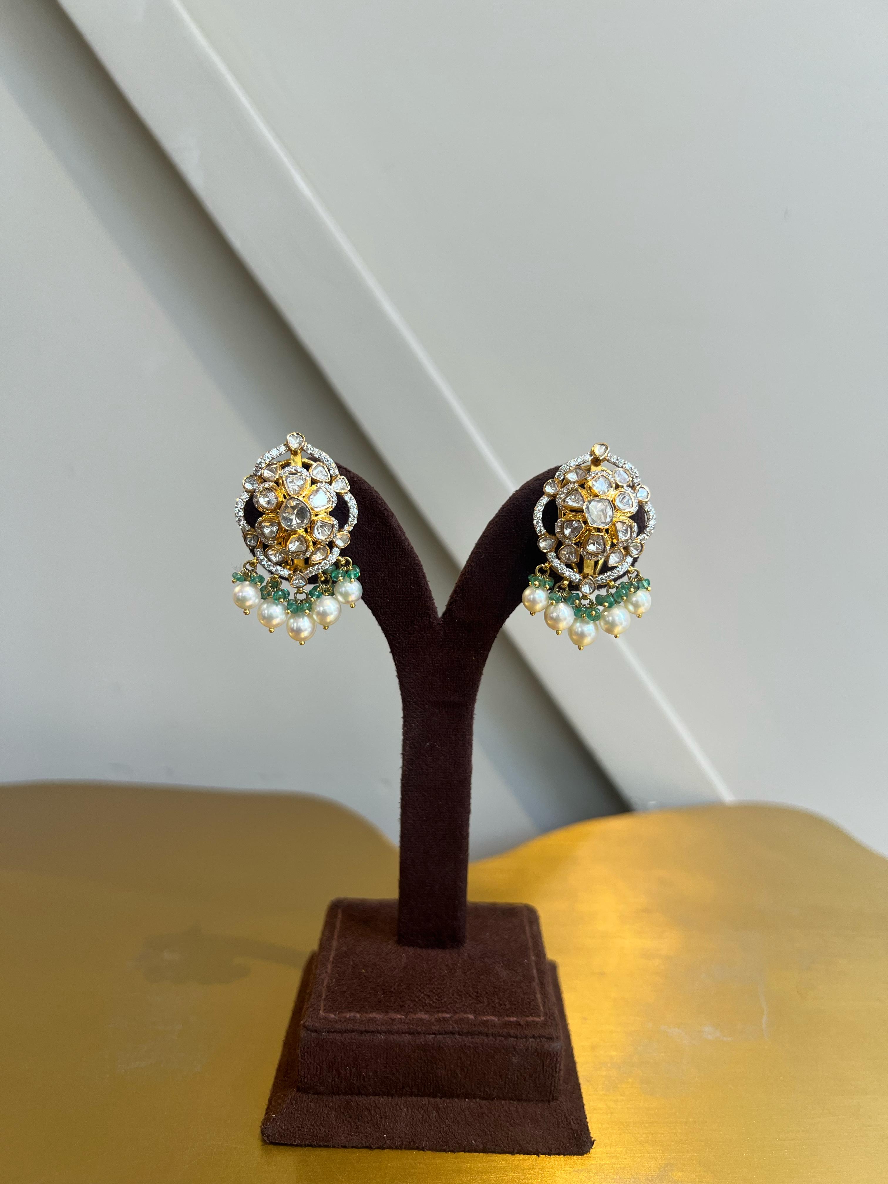 Polki earrings with Emerald and Pearls Polki earrings with Emerald and Pearls