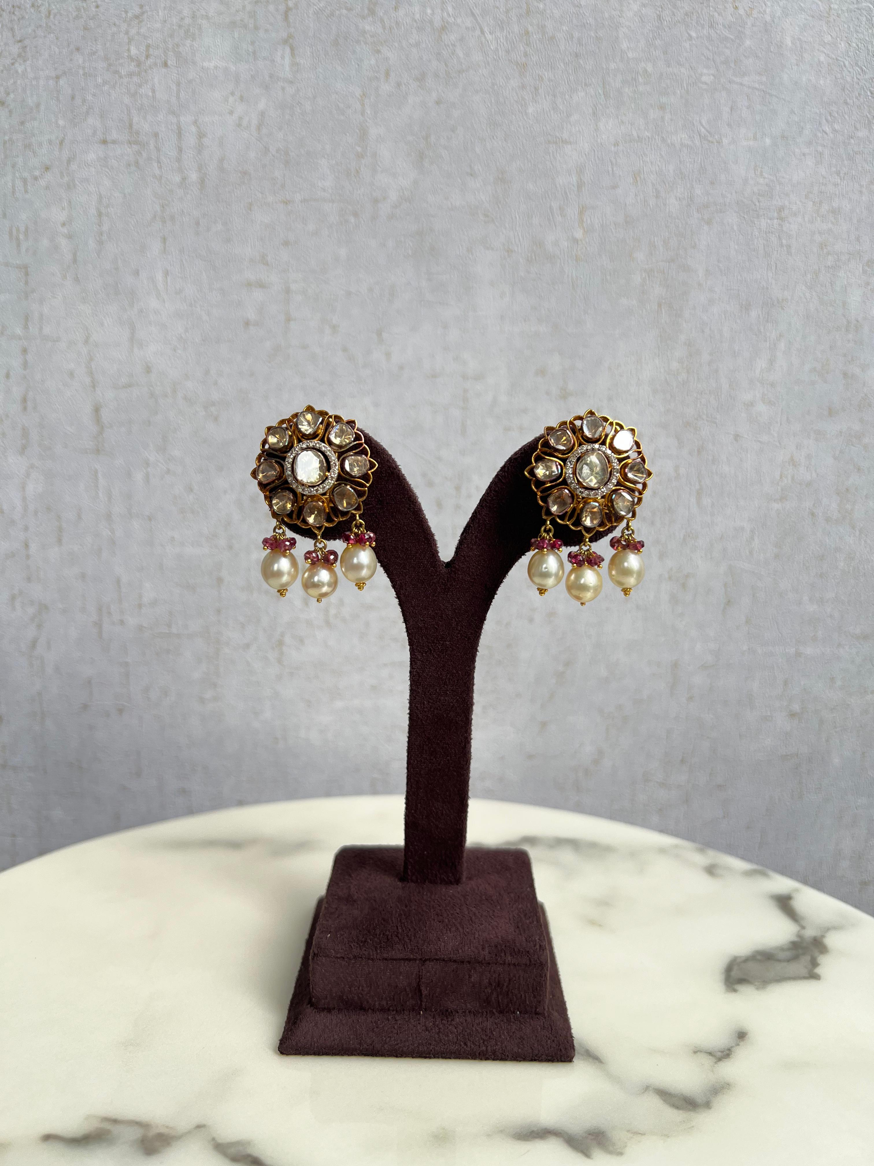 Polki Earrings with Pearl Drops Polki Earrings with Pearl Drops