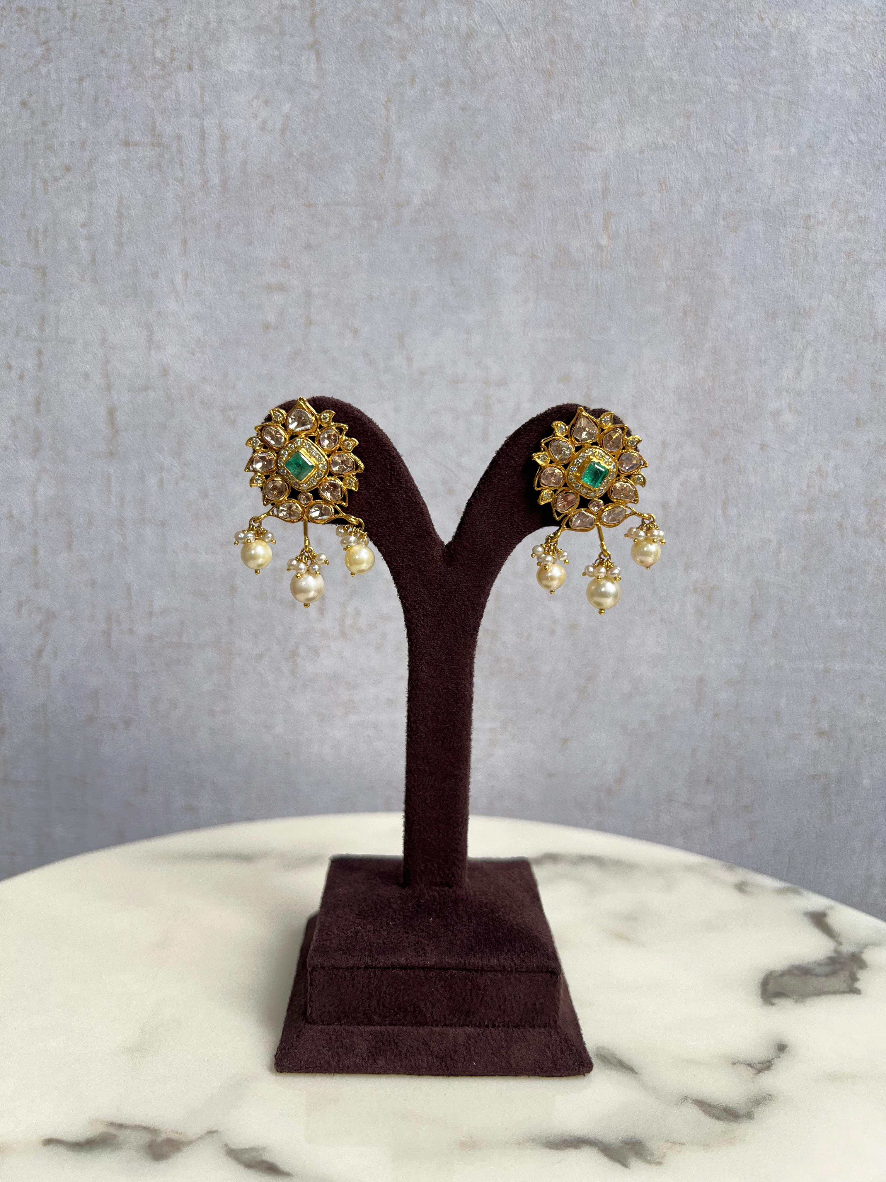 Polki Earrings with Pearl Hangings Polki Earrings with Pearl Hangings