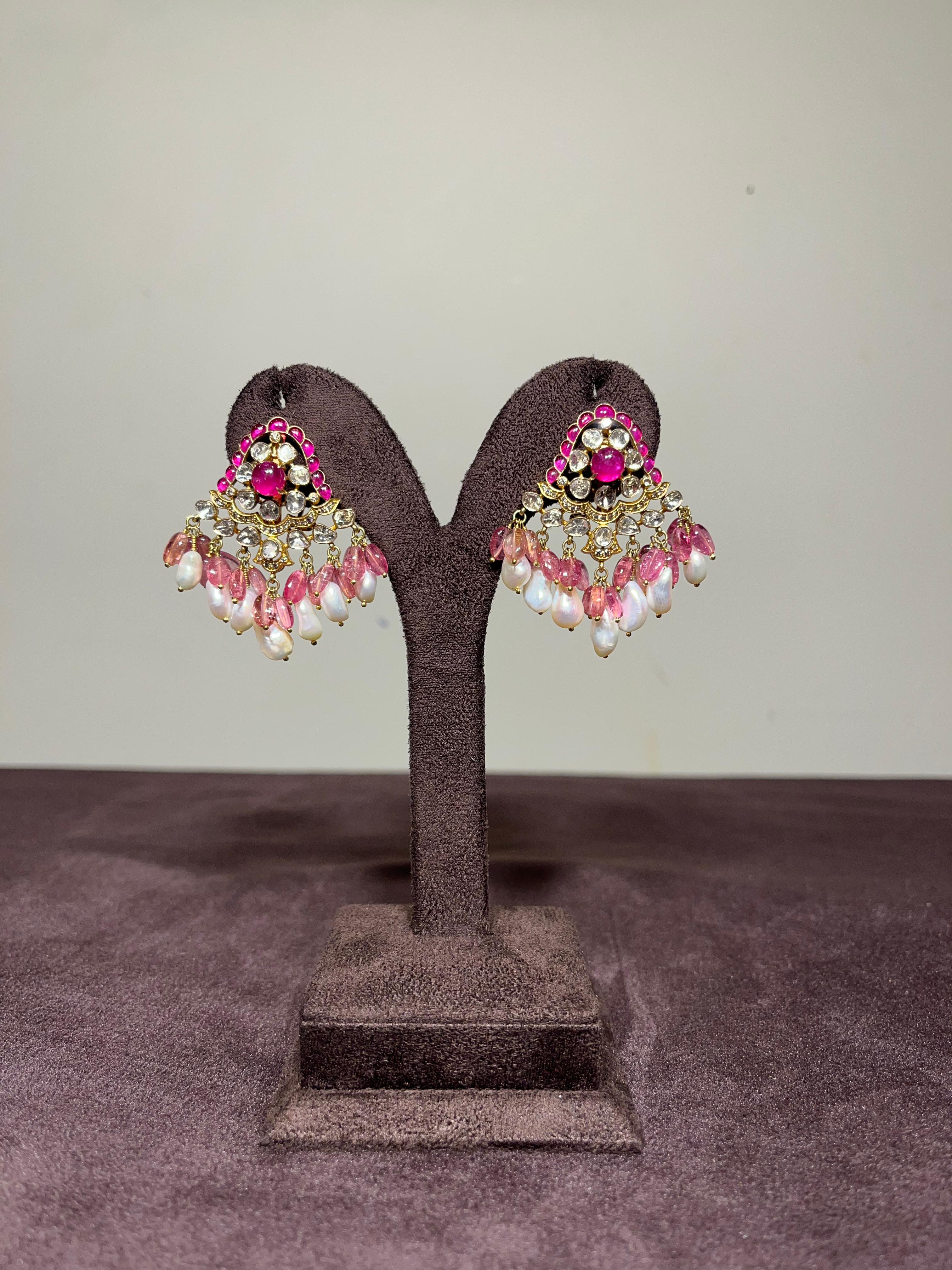 Peacock Motif Polki Earrings with Tourmaline and Pearls Peacock Motif Polki Earrings with Tourmaline and Pearls