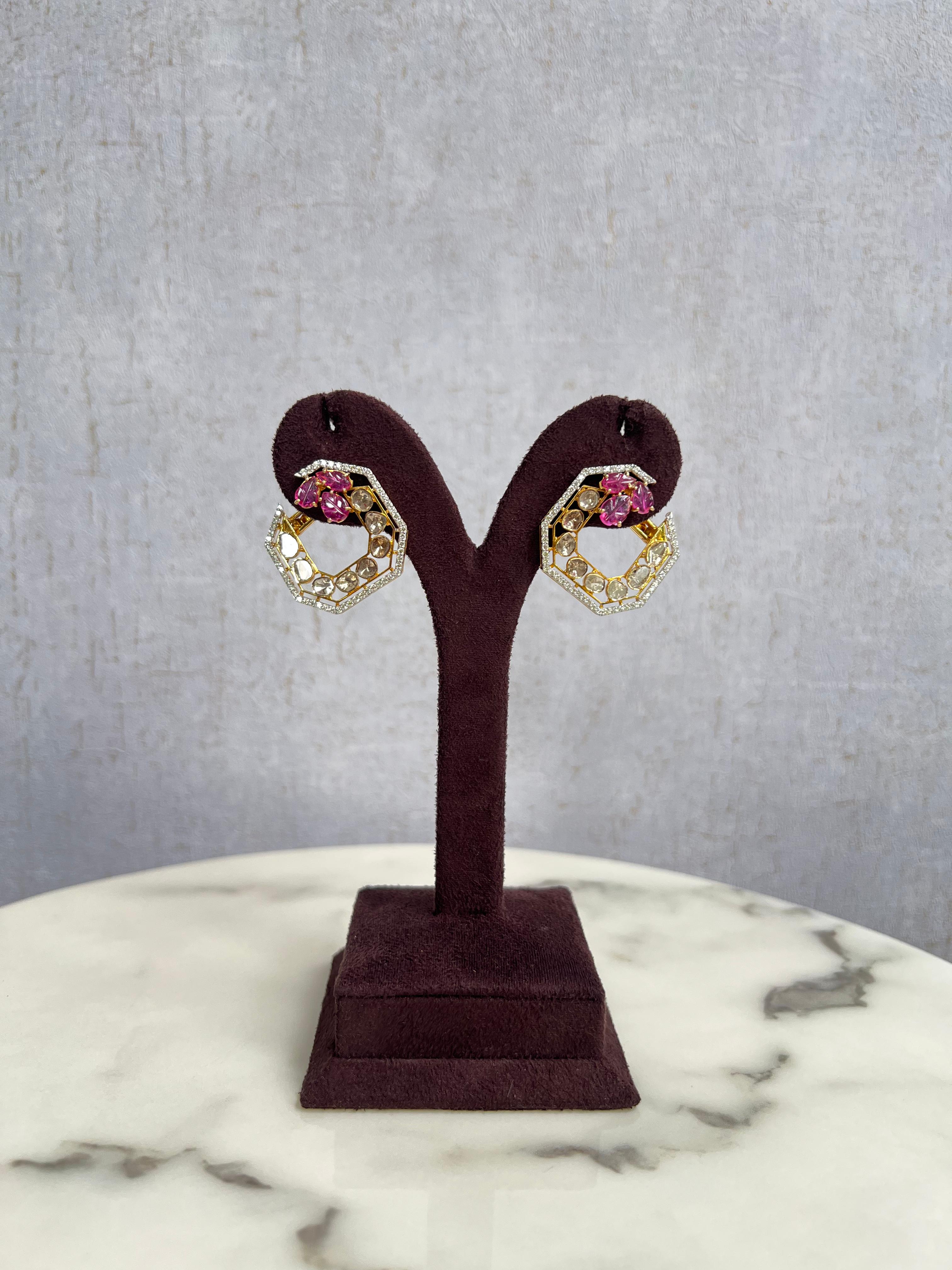 Geometric Polki Earrings with Carved Rubies Geometric Polki Earrings with Carved Rubies