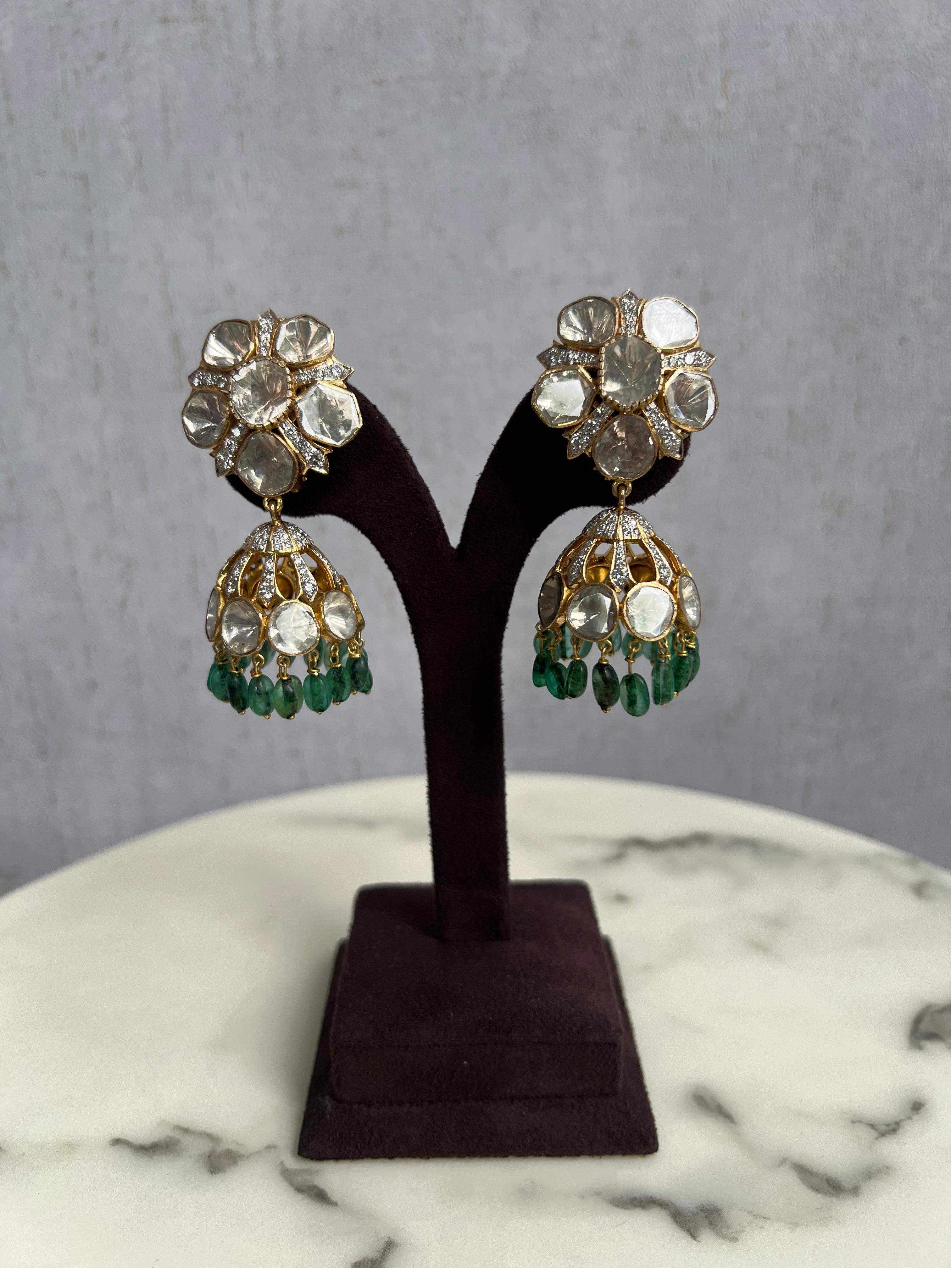 Classy Statement Polki jumkies with Emerald drops Classy Statement Polki jumkies with Emerald drops