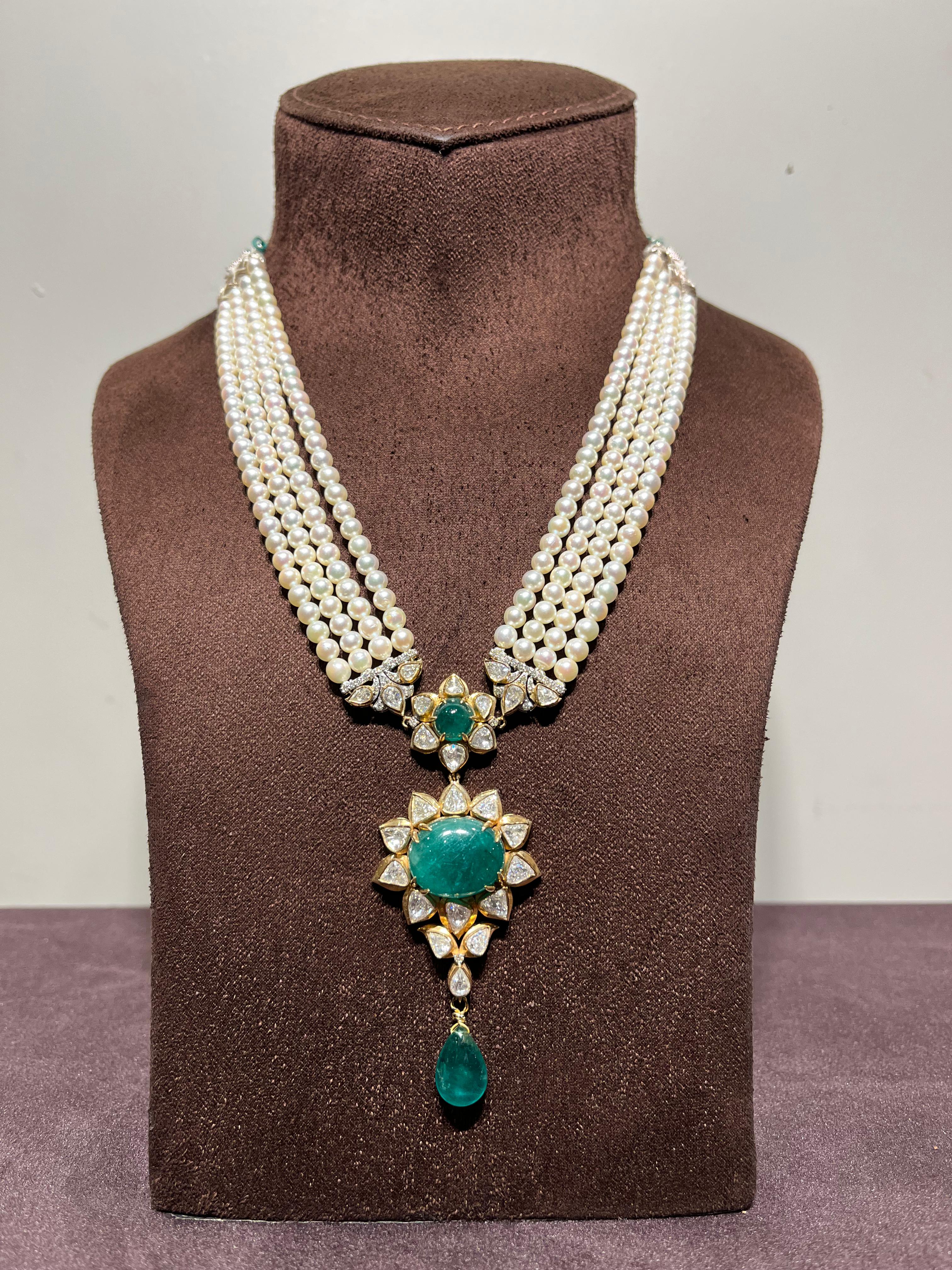 Classic Akoya Pearl Necklace with Zambian Emerald Classic Akoya Pearl Necklace with Zambian Emerald