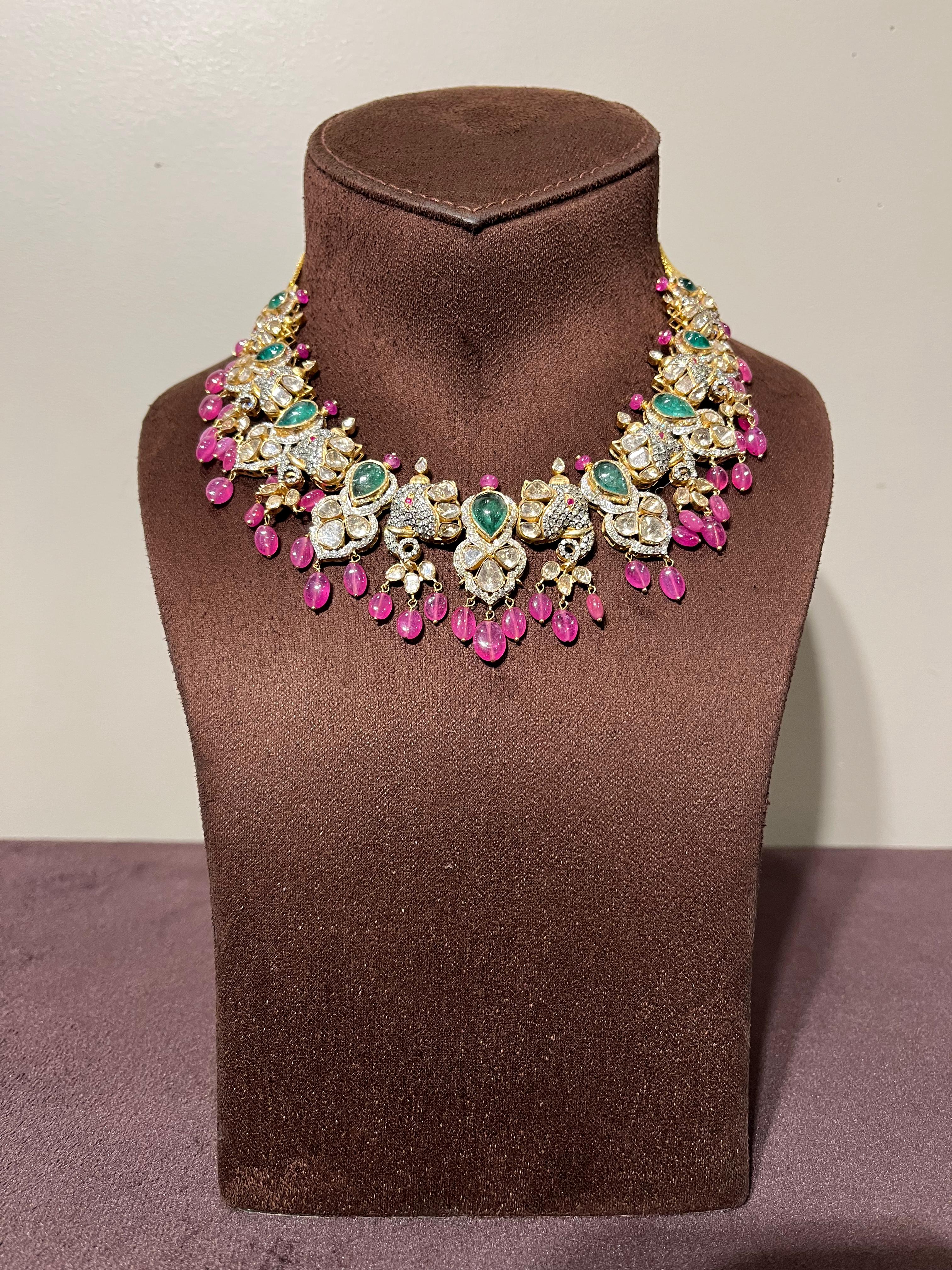 Elephant Motif Polki Necklace Studded With Emerald and Ruby Beads Elephant Motif Polki Necklace Studded With Emerald and Ruby Beads