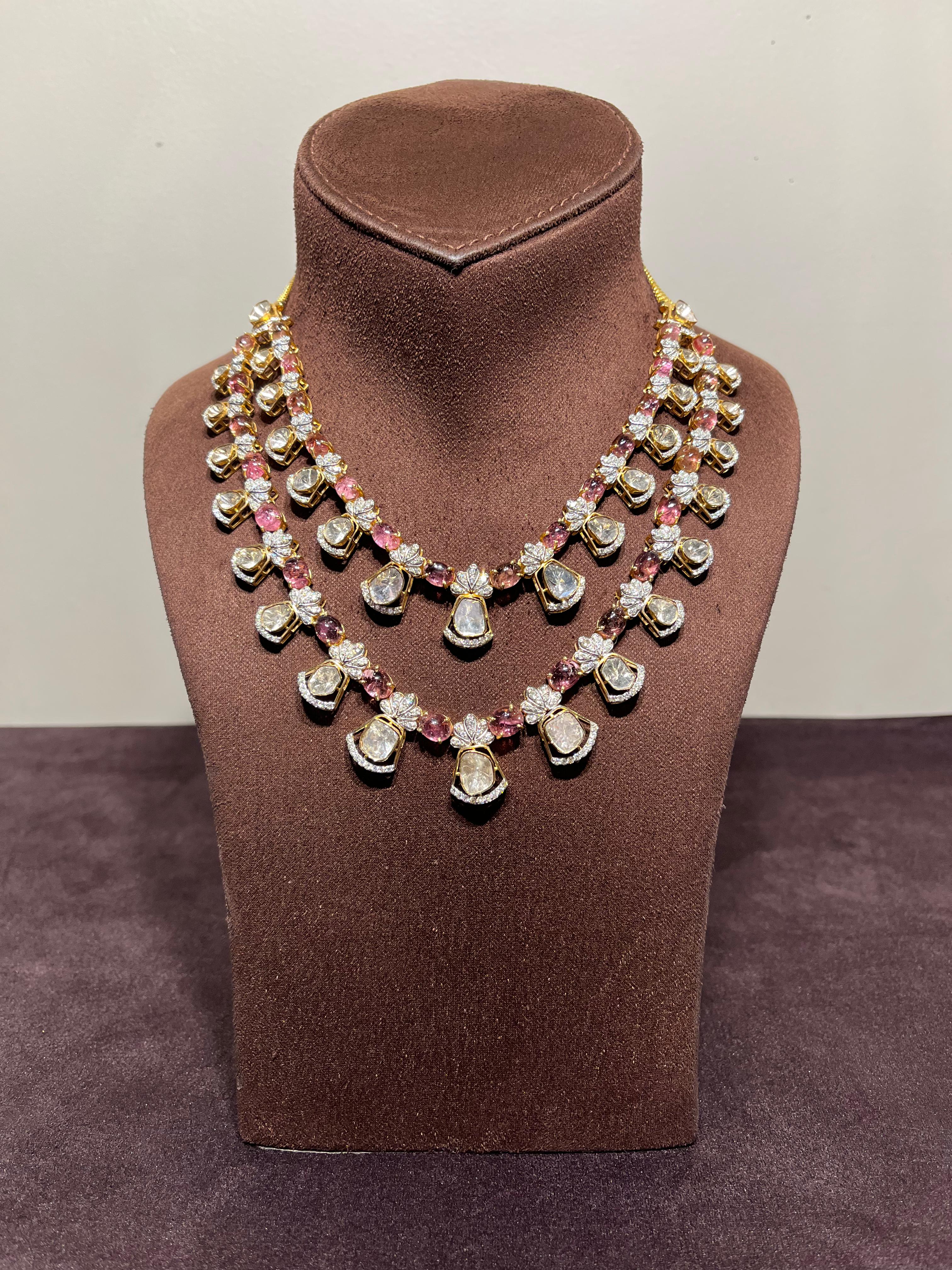 Dazziling two row polki necklace with Tourmalines Dazziling two row polki necklace with Tourmalines