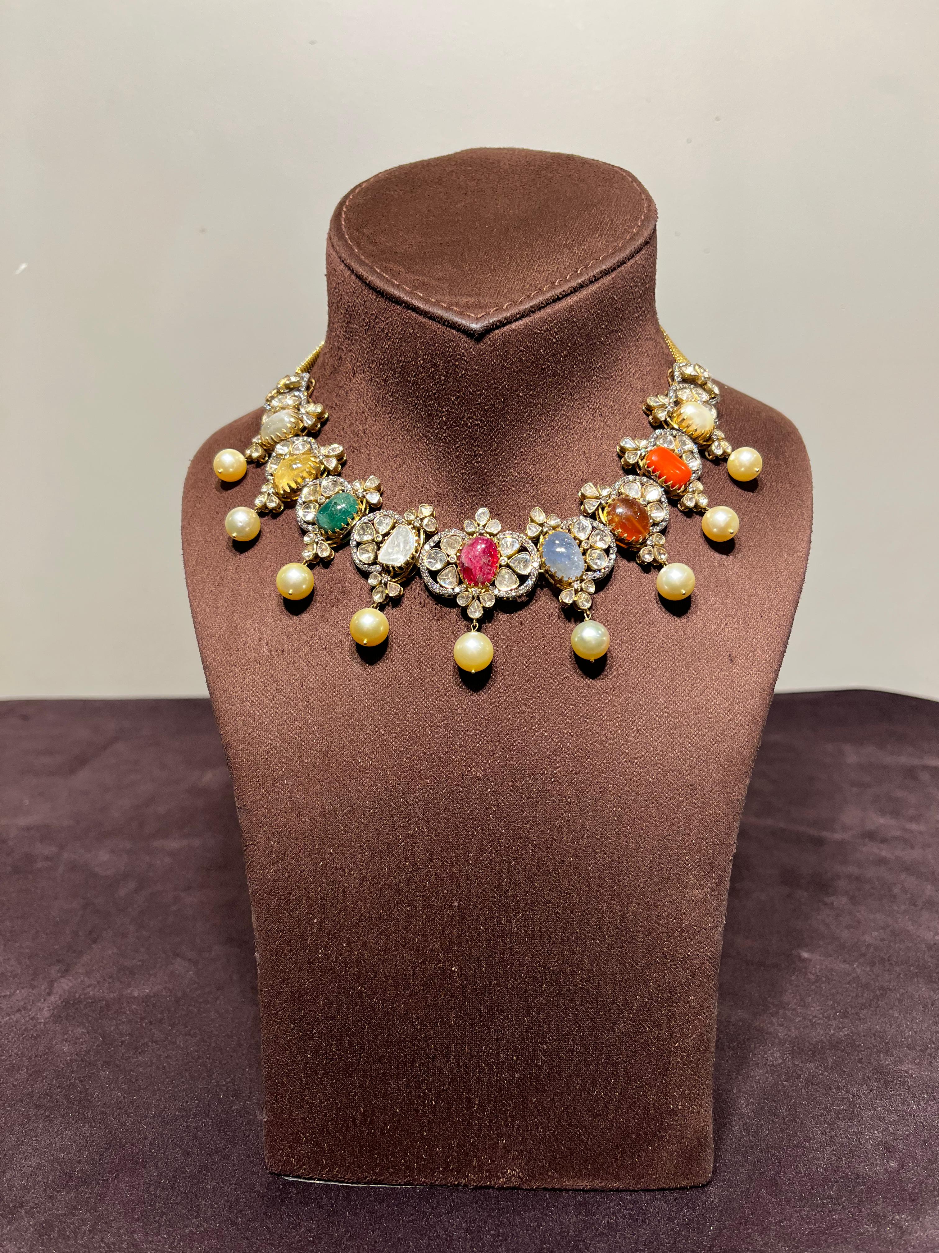 Unique Navaratan Necklace with Pearl drop Unique Navaratan Necklace with Pearl drop