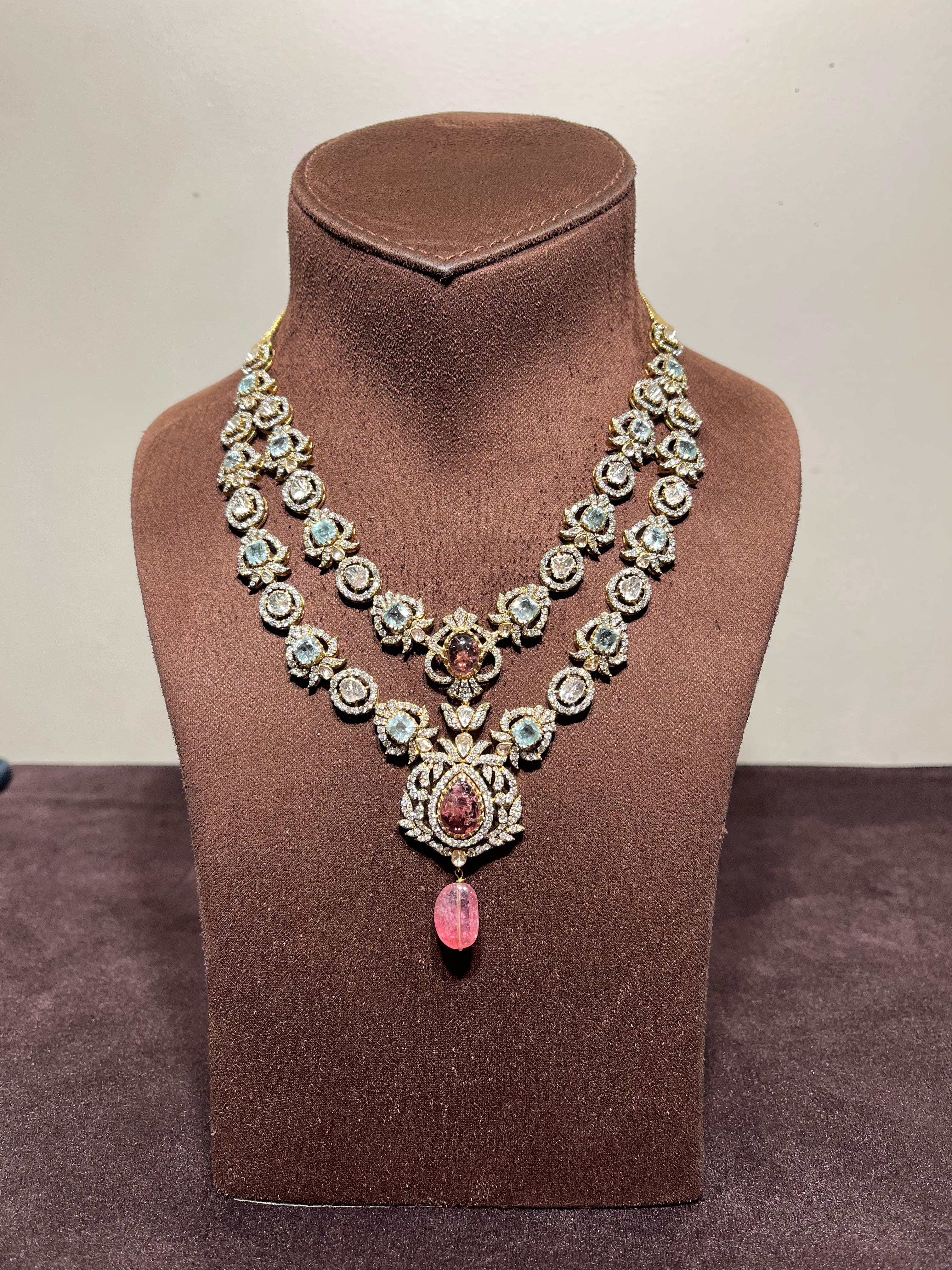 Double layered Polki Necklace with Russian Emerald and Tourmalines Double layered Polki Necklace with Russian Emerald and Tourmalines