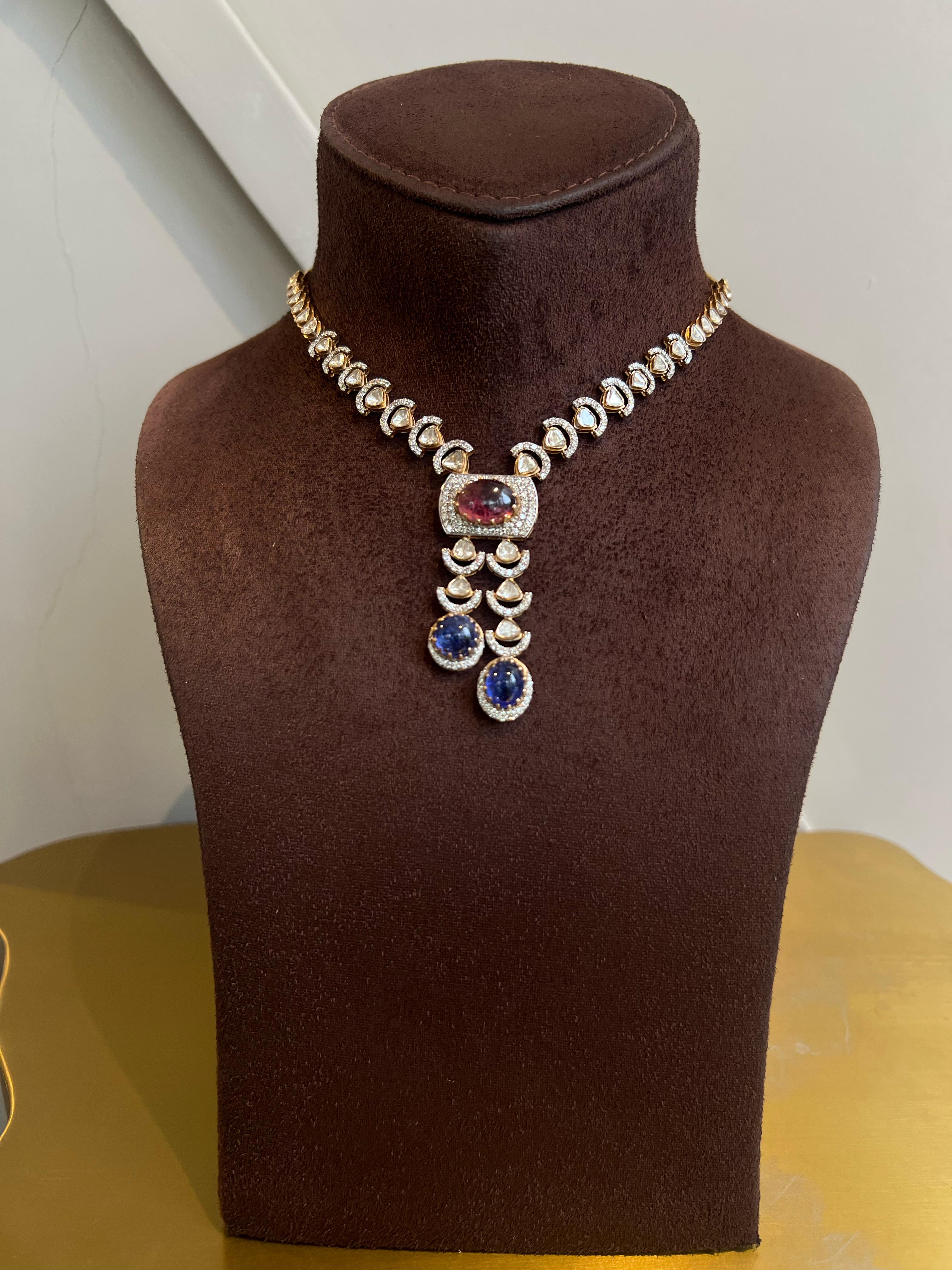 Polki Necklace with Tourmaline and Tanzanite Polki Necklace with Tourmaline and Tanzanite