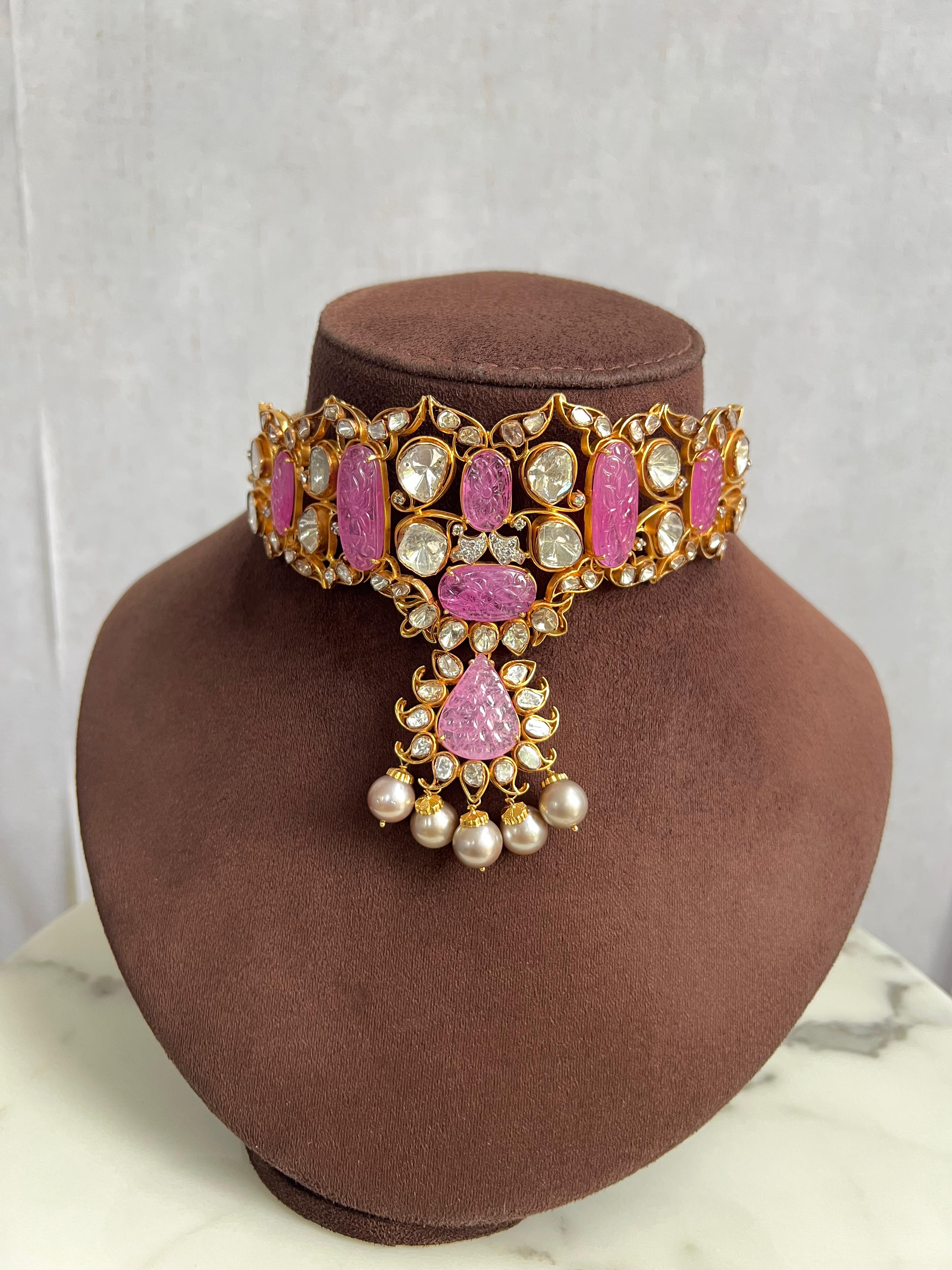 Carved Pink Sapphire Polki Choker Carved Pink Sapphire Polki Choker