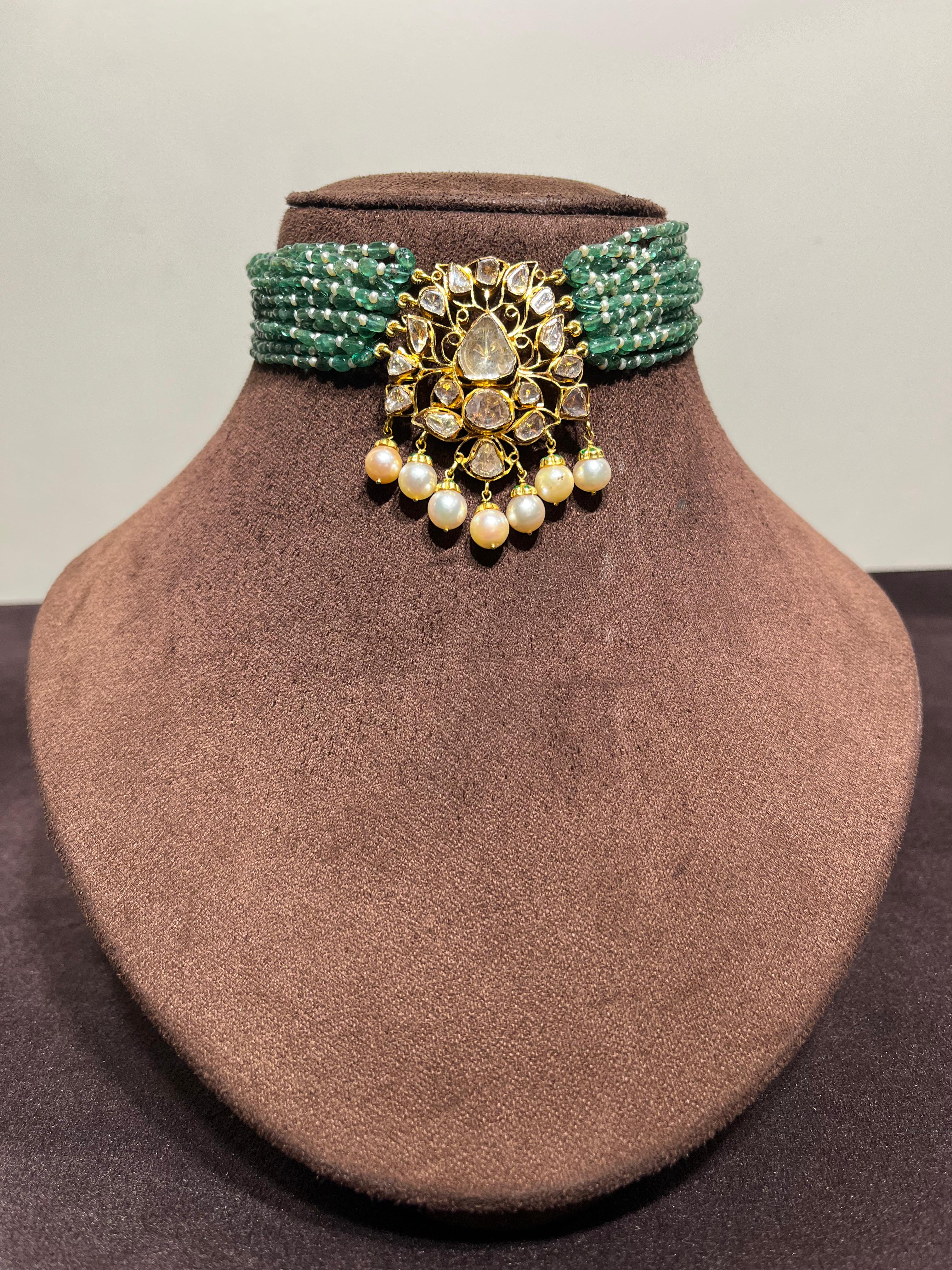 pretty polki choker with emerald beads pretty polki choker with emerald beads
