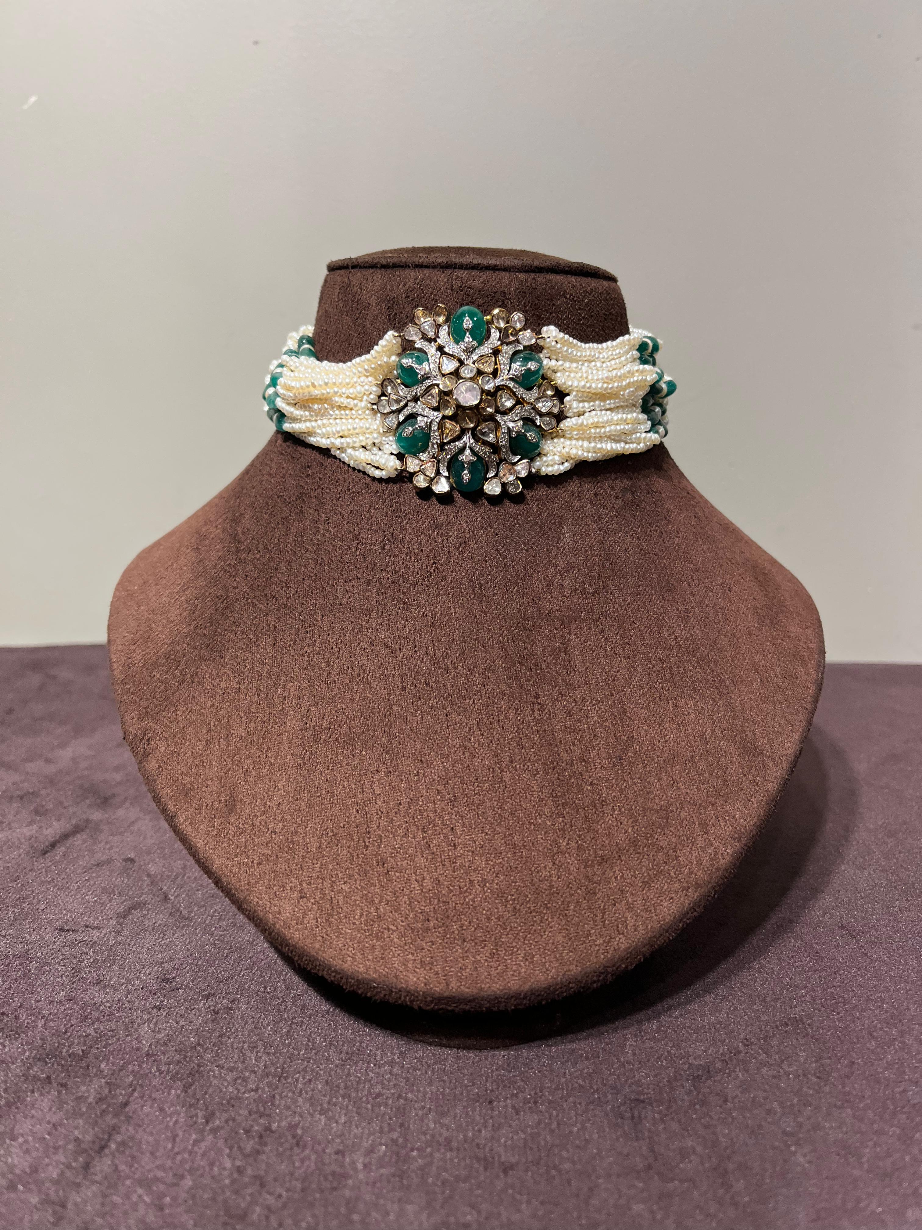 Fancy Polki Choker with Pearl Strings and Emerald Fancy Polki Choker with Pearl Strings and Emerald