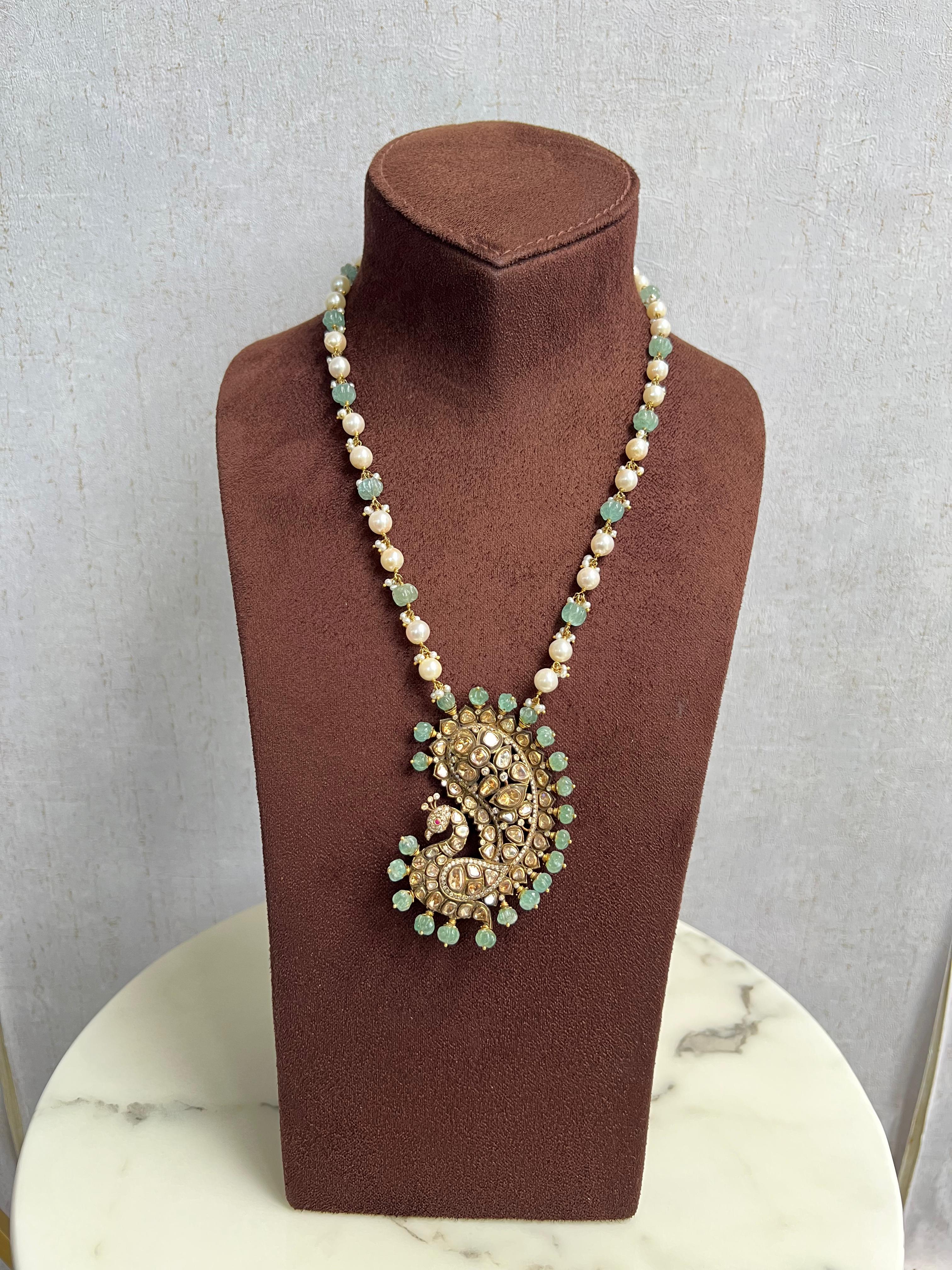 Peacock Motif Victorian Necklace with Pearls and Emerald Peacock Motif Victorian Necklace with Pearls and Emerald