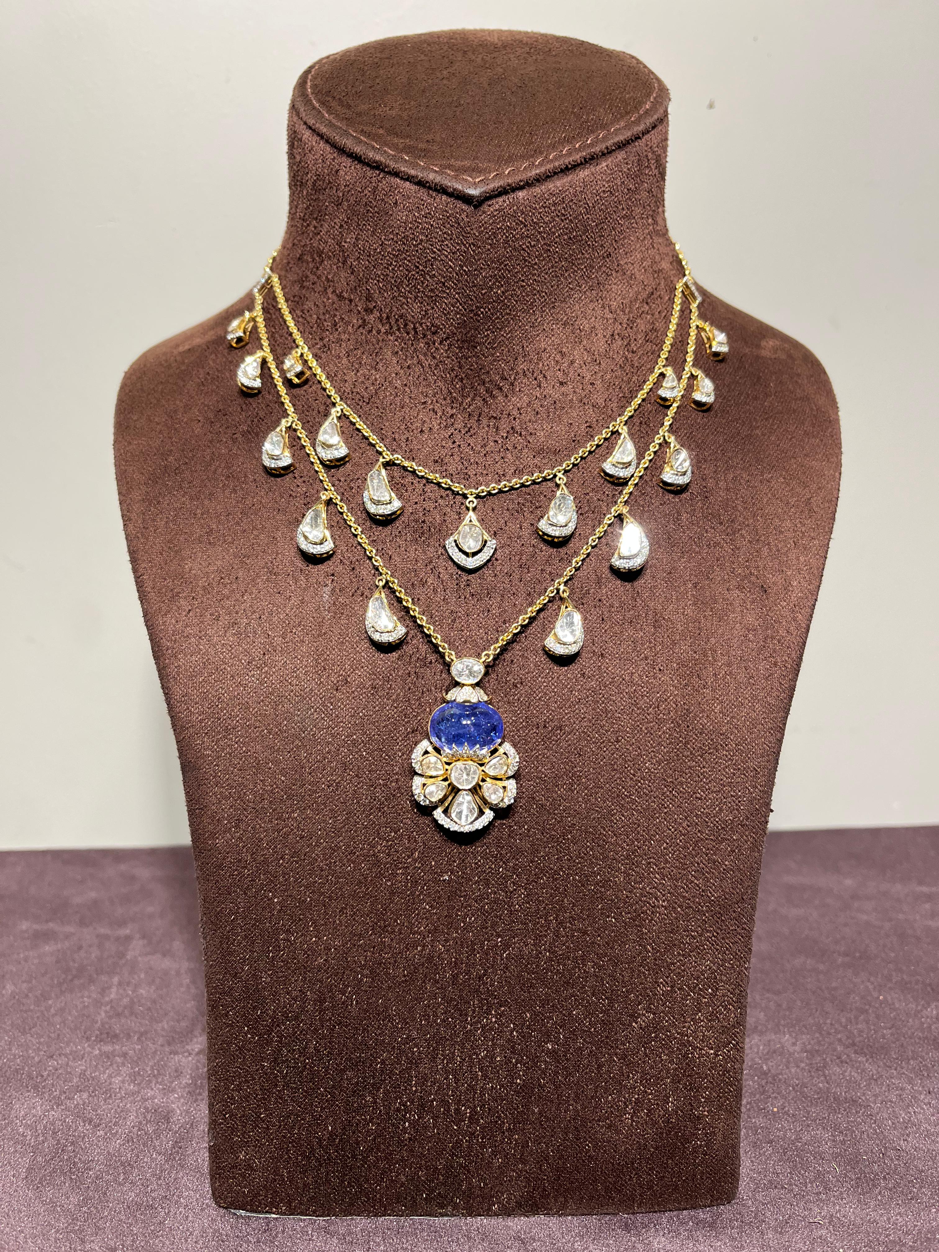 Double layered Polki Necklace with Tanzanite Double layered Polki Necklace with Tanzanite