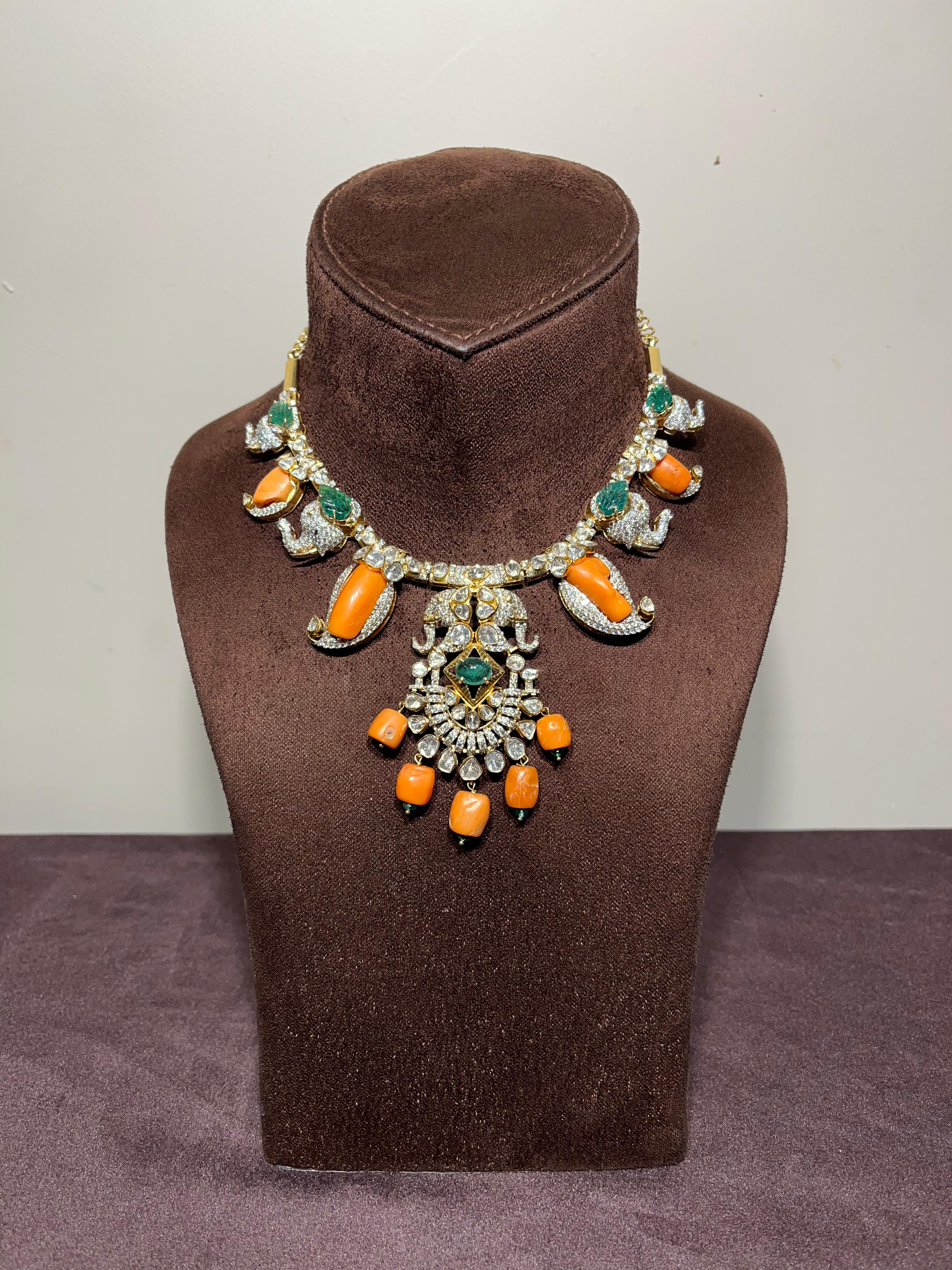 Unique Elephant Motif Necklace with Corals and Zambian Emerald Unique Elephant Motif Necklace with Corals and Zambian Emerald