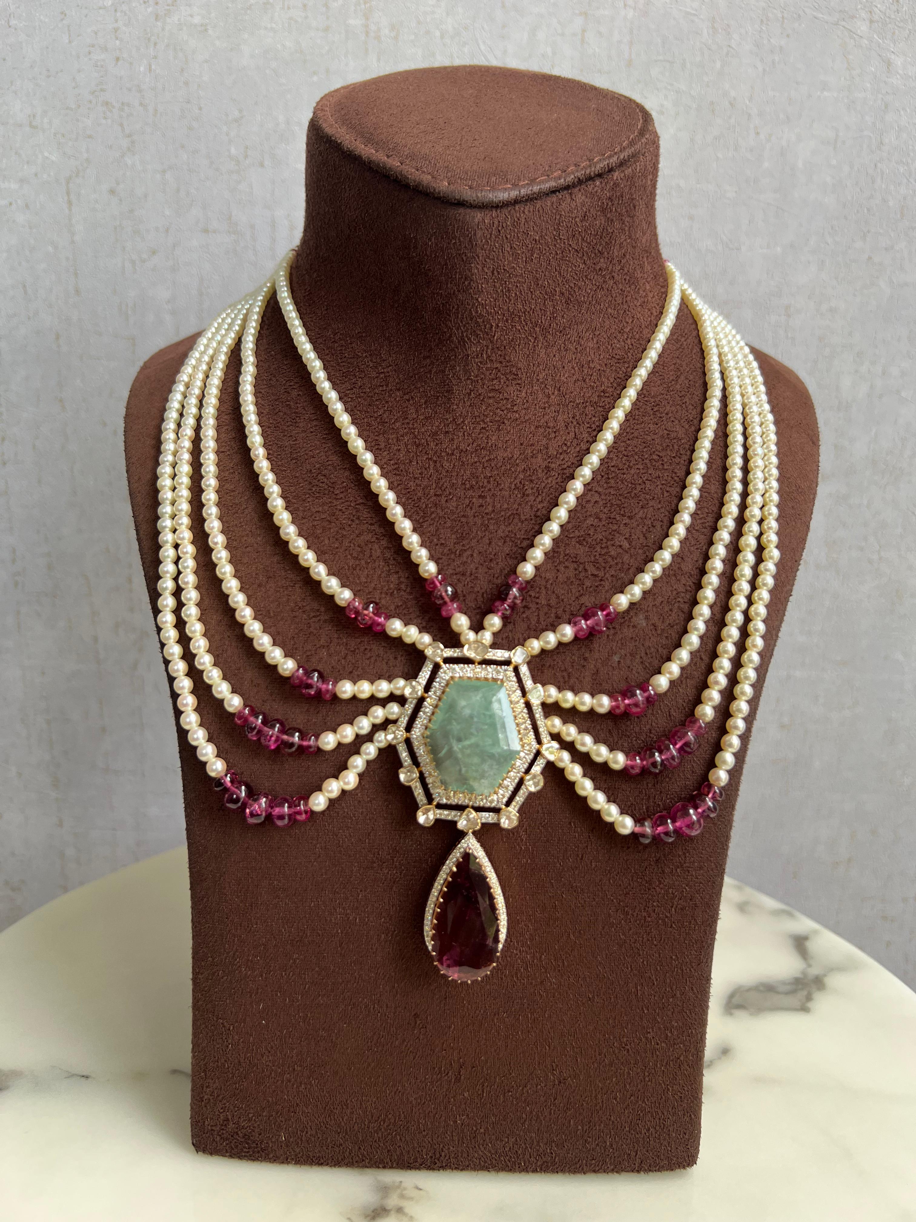 Dazzling Polki Necklace with Tourmaline and Russian Emerald Dazzling Polki Necklace with Tourmaline and Russian Emerald