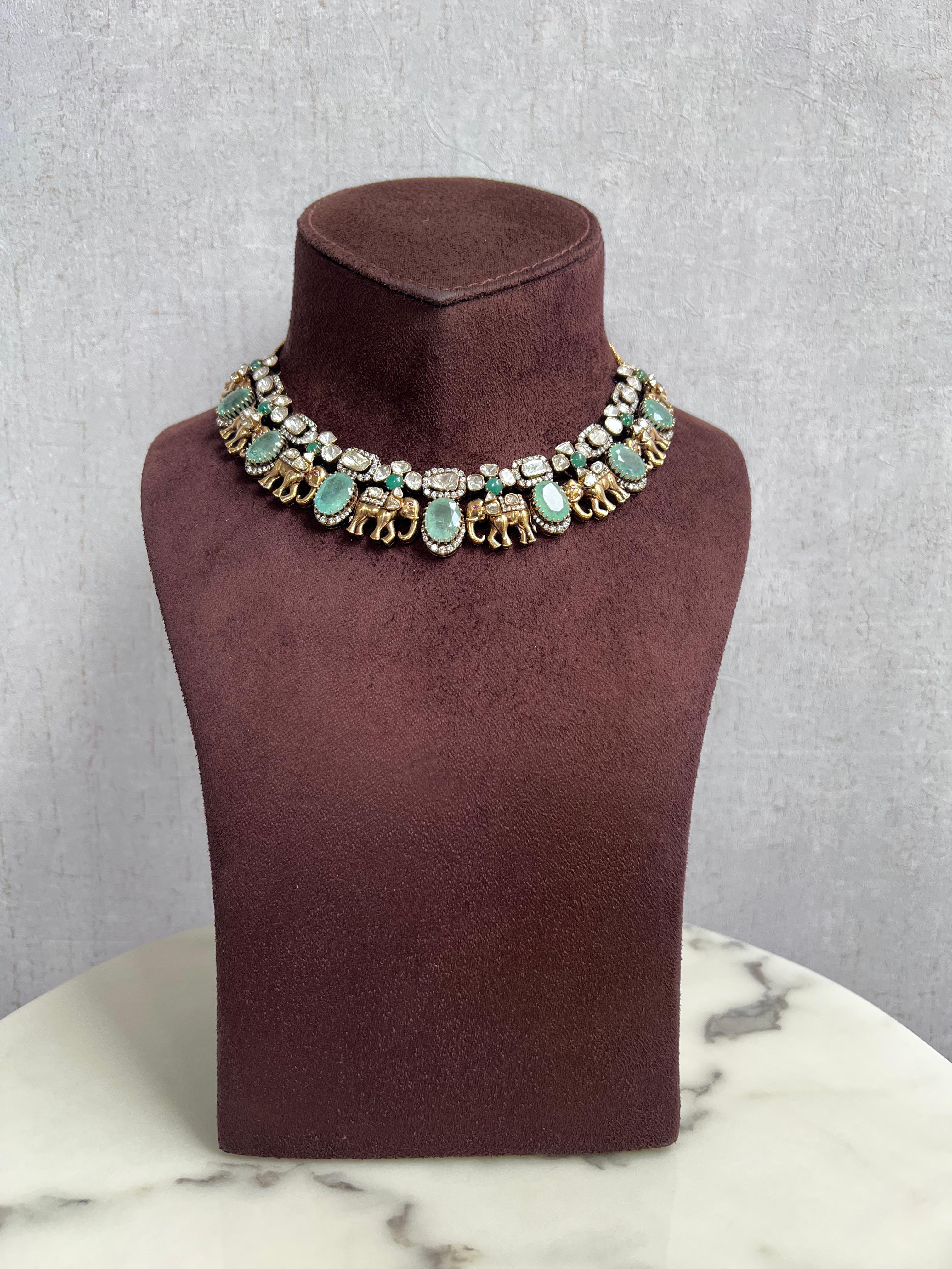 Cute Elephant Motif Victorian Necklace with Russian Emerald Cute Elephant Motif Victorian Necklace with Russian Emerald