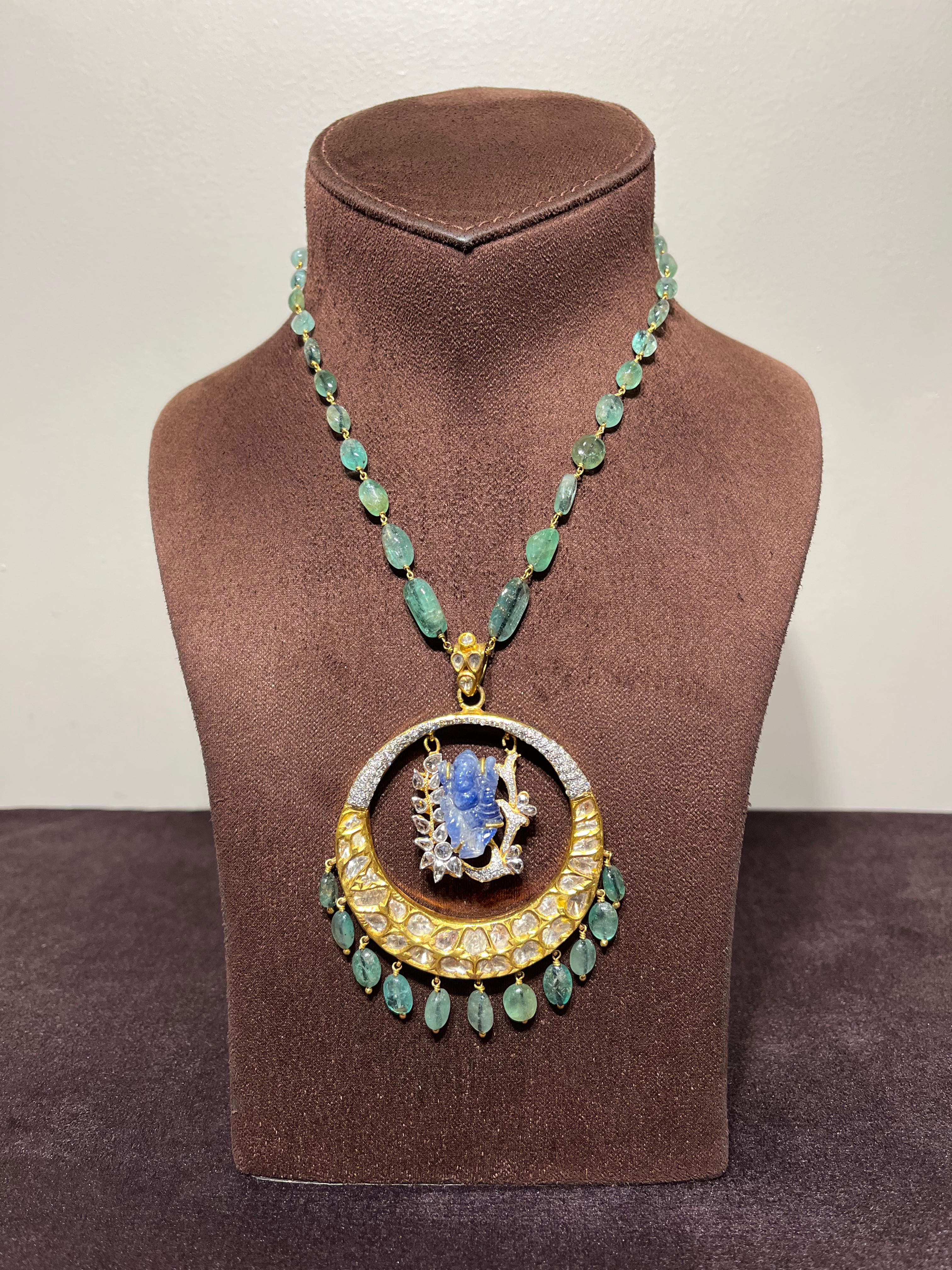 Carved Ganesh Blue Sapphire with Emerald Beads Chain Carved Ganesh Blue Sapphire with Emerald Beads Chain