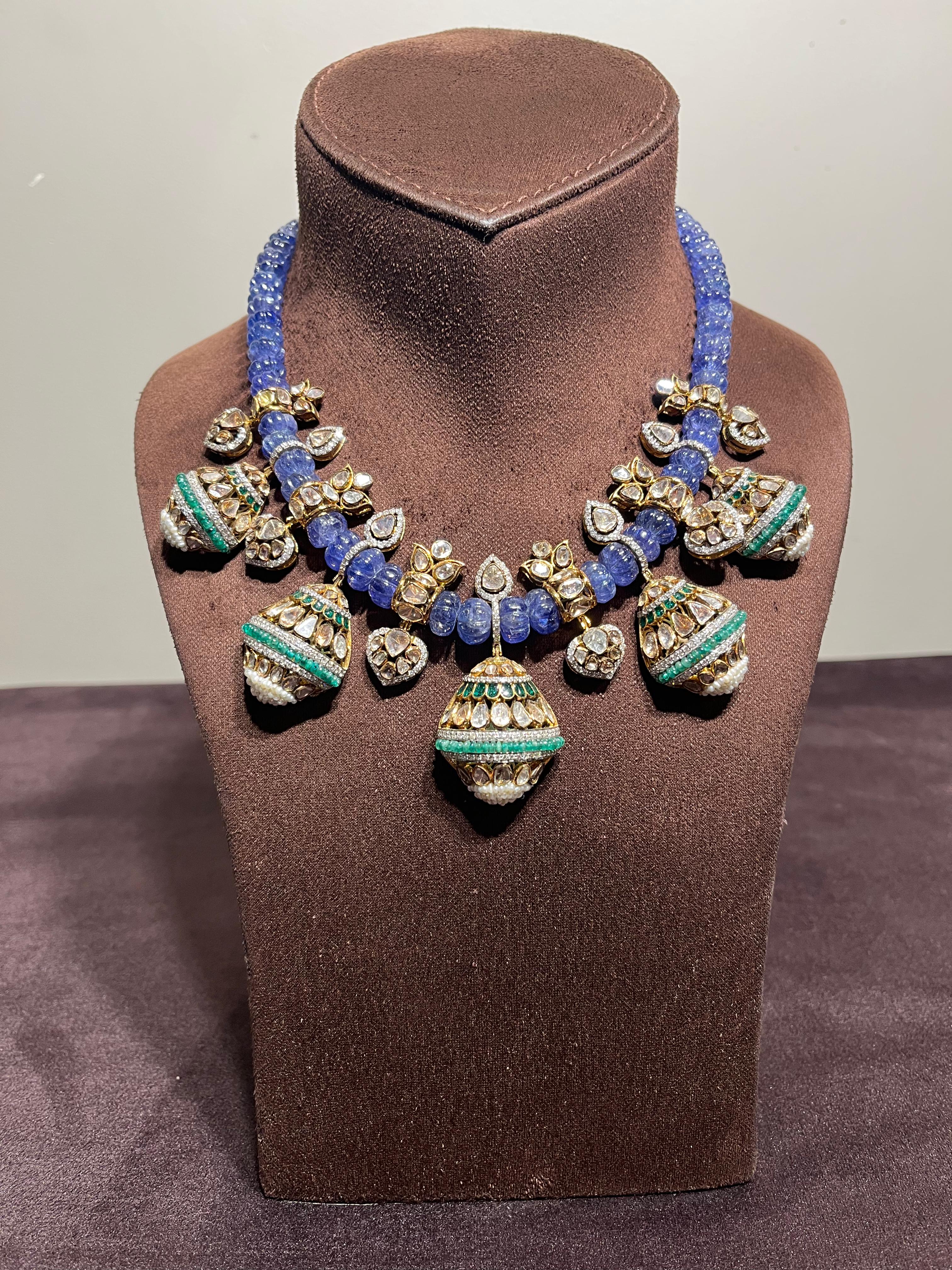 Tanzanite beads necklace with multiple polki pendants Tanzanite beads necklace with multiple polki pendants