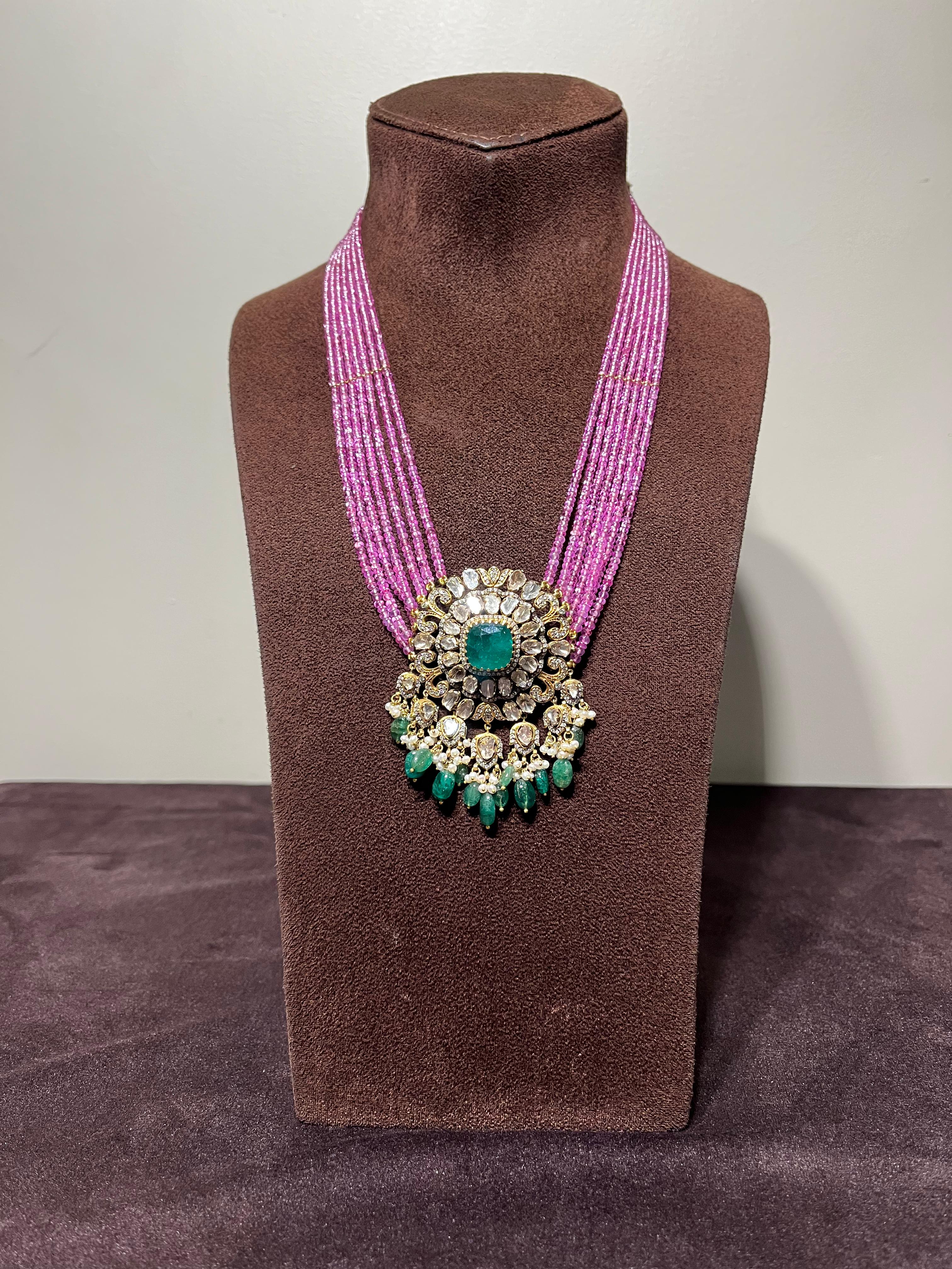 Polki Pendant with Emerald drop and Burmese Ruby Beads Polki Pendant with Emerald drop and Burmese Ruby Beads