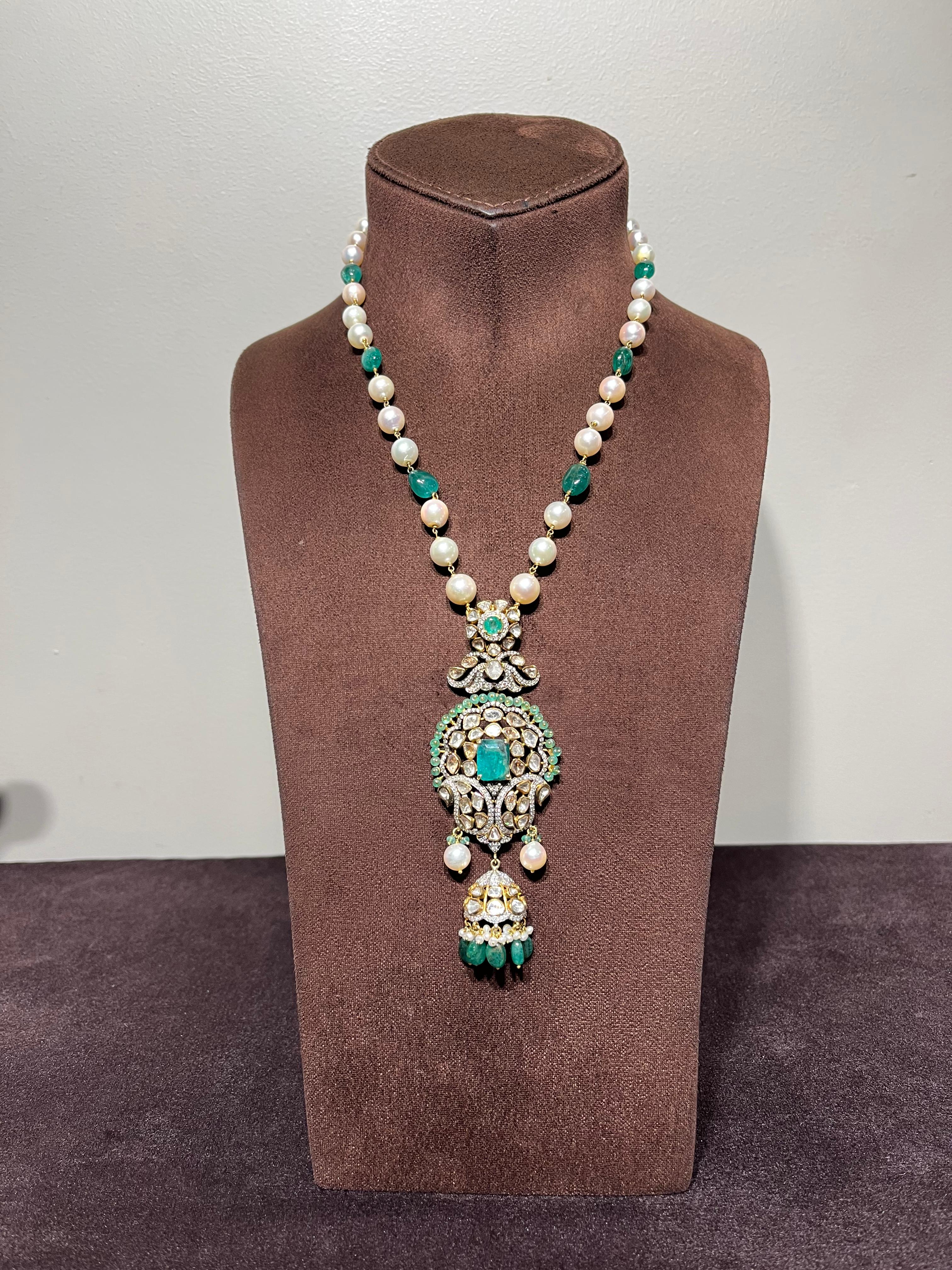 Polki Pendant with Pearl and Emerald Beads Chain Polki Pendant with Pearl and Emerald Beads Chain