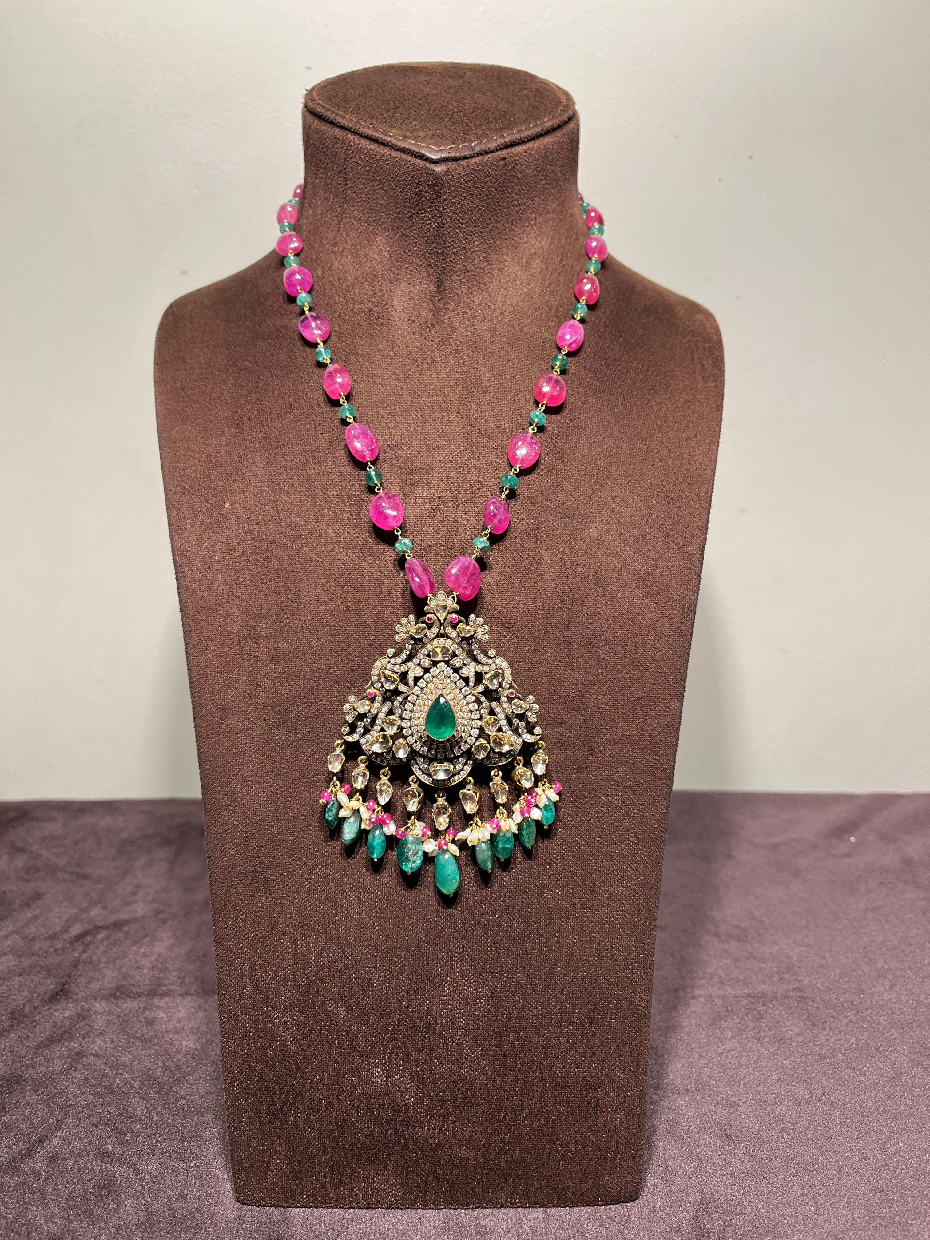 Traditional Victorian Pendant with Ruby and Emerald Beads Traditional Victorian Pendant with Ruby and Emerald Beads